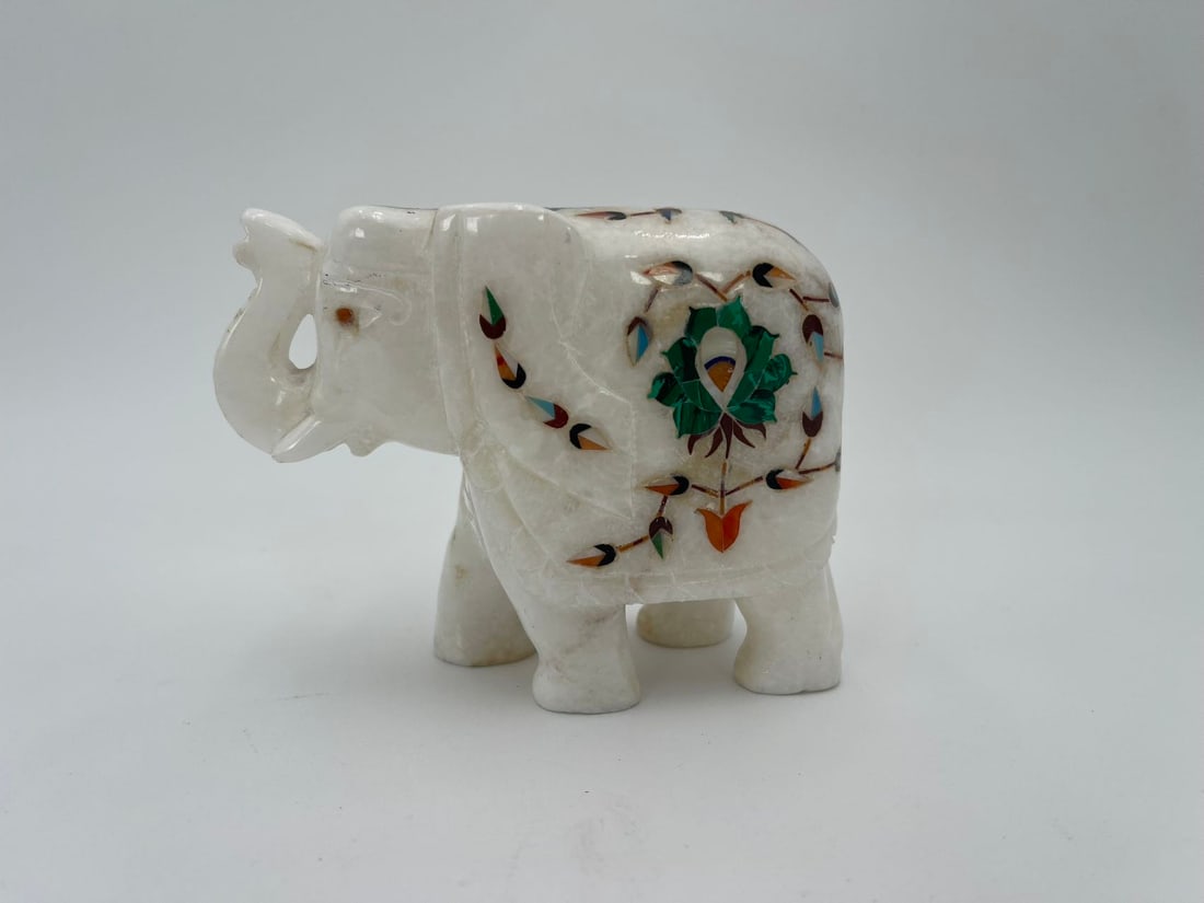 Fine Vintage Hand-Carved Marble Elephant Statue w/Multi Gemstones Inlay (1 of 7)