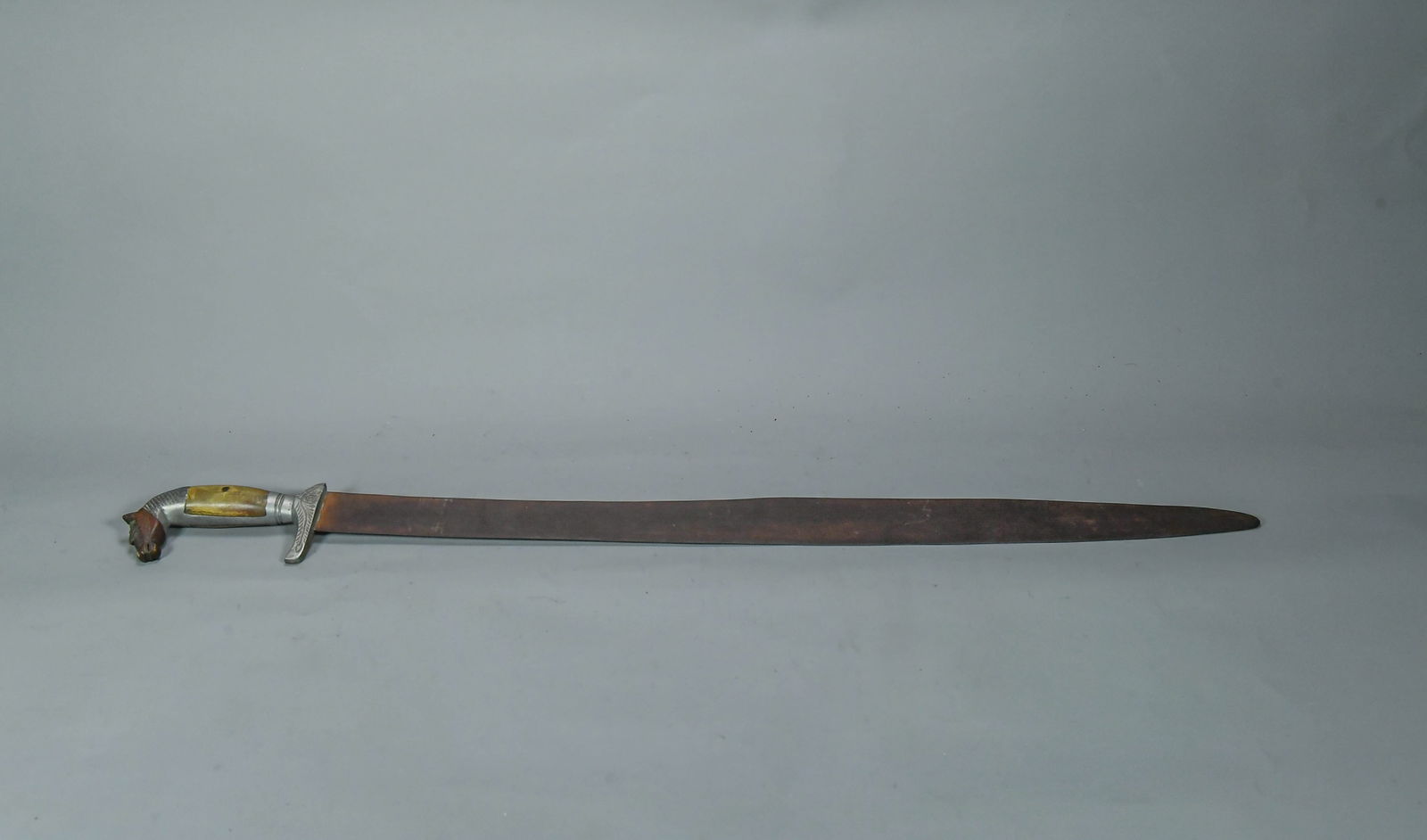 Old Heavy Sword Horse Head & Horn Inlaid Metal Handle (1 of 10)