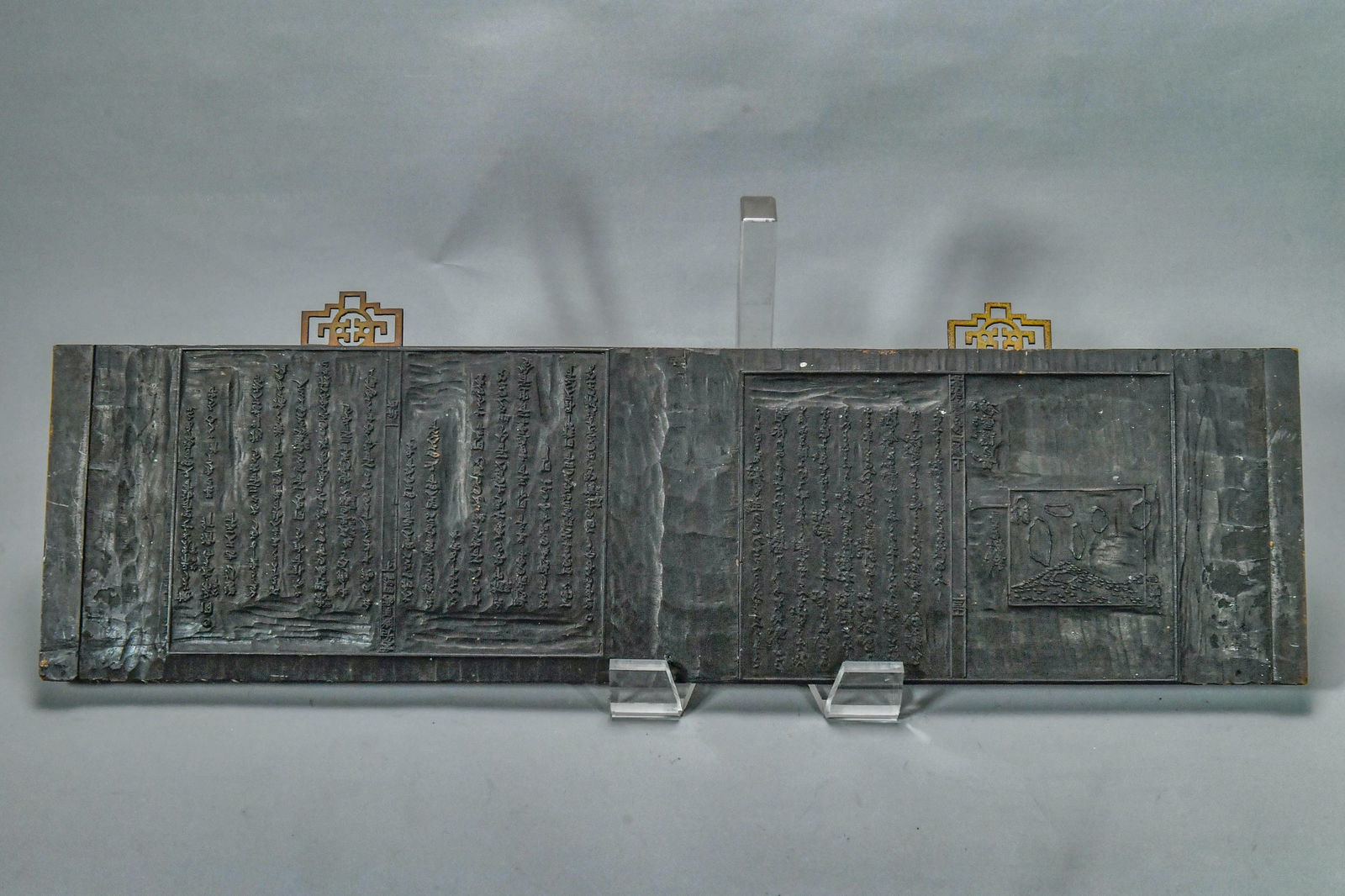 Antique Japanese Two-Sides Woodblock Printing Plate: Antique Japanese Two-Sides Woodblock Printing Plate. 24"L x 6"1/2W. In good condition, (Stand Not Included)