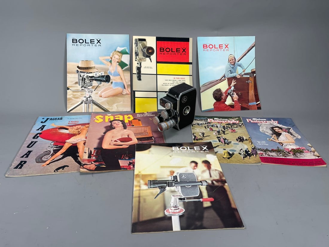 Vintage Paillard Bolex 8mm 3 Lens Film Camera, 38-76-150: Vintage Paillard Bolex 8mm 3 Lens Film Camera, 38-76-150. with 6 Magazines. Measures approx. 5" x 5"1/2 x 2", Very good condition.