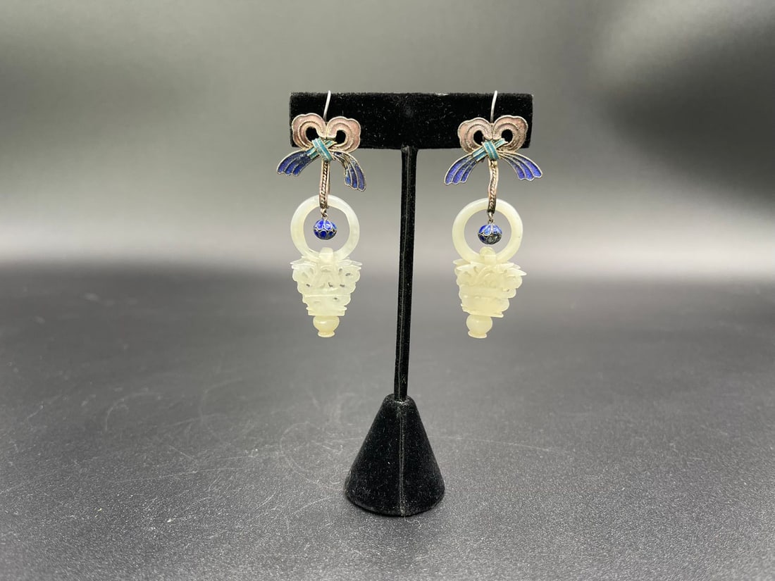 Rare Pair of Antique Chinese Silver & Blue Enamel Bow & Carved Nephrite Jade Wedding Basket Earrings: Rare Pair of Antique Chinese Carved Nephrite Jade Wedding Basket Earrings Featuring Silver & Blue Enamel Bow Motif & "Devil's Work" Openwork Carving. Very beautiful and rare. Measures approx. 2"3/4L x
