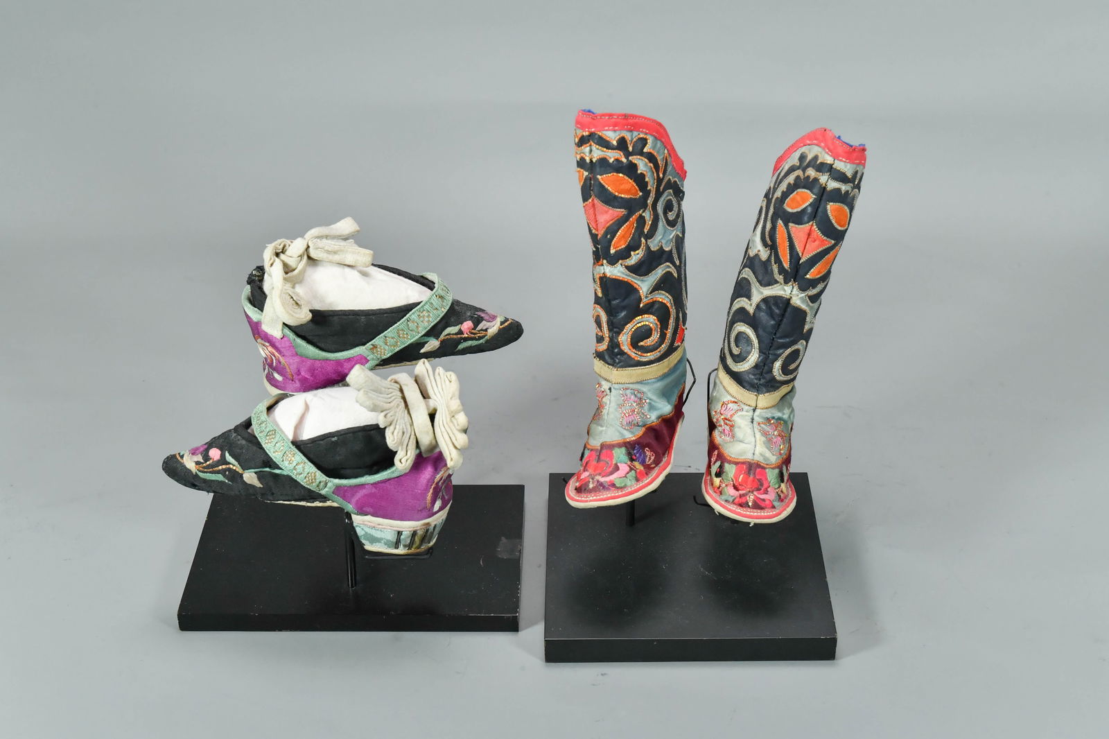 Two Pair Antique Traditional Chinese Embroidered Lotus Shoes & Kazakh Children's Boots: Two Pair Antique Traditional Chinese Embroidered Lotus Shoes & Kazakh Children's Boots w/Display Stand. The high heel shoes with rooster pattern 6"L x 1"H; The Kazakh children's boots 4"1/2L; In good