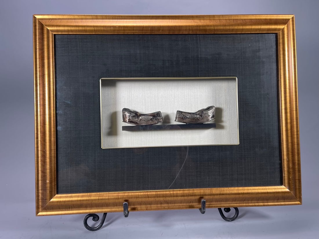 Framed Display Antique Chinese Export Metal (or Silver Alloy) Shoes w/Intricate Engraved or Embossed (1 of 7)
