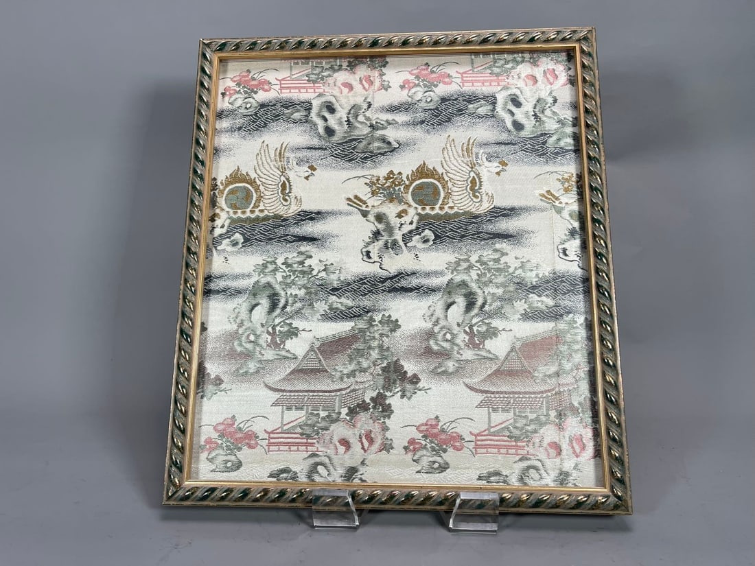Framed Vintage Chinoiserie Toile Fabric or Japanese Kimono Crepe Silk Fabric: Framed Vintage Chinoiserie Toile Fabric or Japanese Kimono Crepe Silk Fabric. The fabric features a detailed, decorative pattern with traditional East Asian motifs, landscapes, buildings with pagoda-s