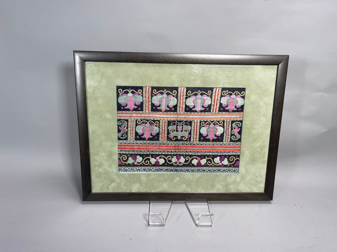 Framed Handwoven & Embroidered Beadwork Possibly from Indonesia or India: Framed Handwoven & Embroidered Beadwork or Traditional Textile Ceremonial Banner, Likely (Possibly) from Indonesia or India. The patterns include stylized motifs, possibly butterflies or floral design