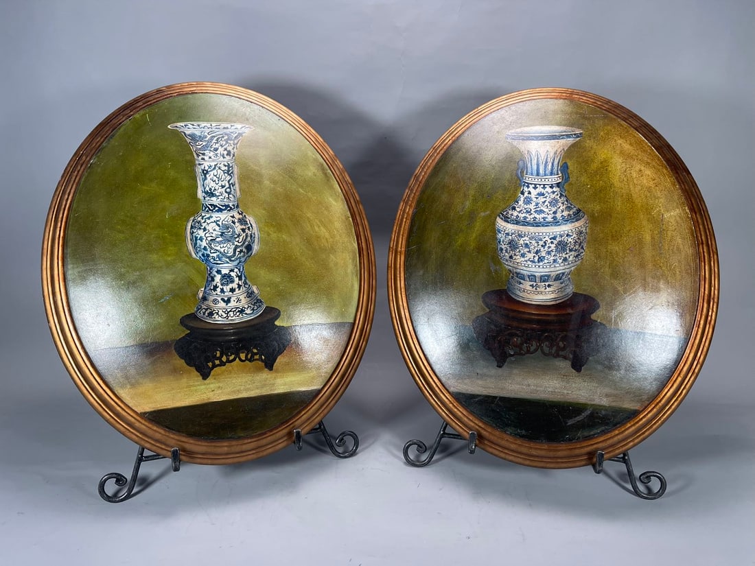 Pair of Oval Painting of Chinese Blue & White Porcelain Vase: Pair of Oval Painting of Chinese Blue & White Porcelain Vase. 22"1/2 x 18"1/2; Small chips at the rim, (Stand Not Included)