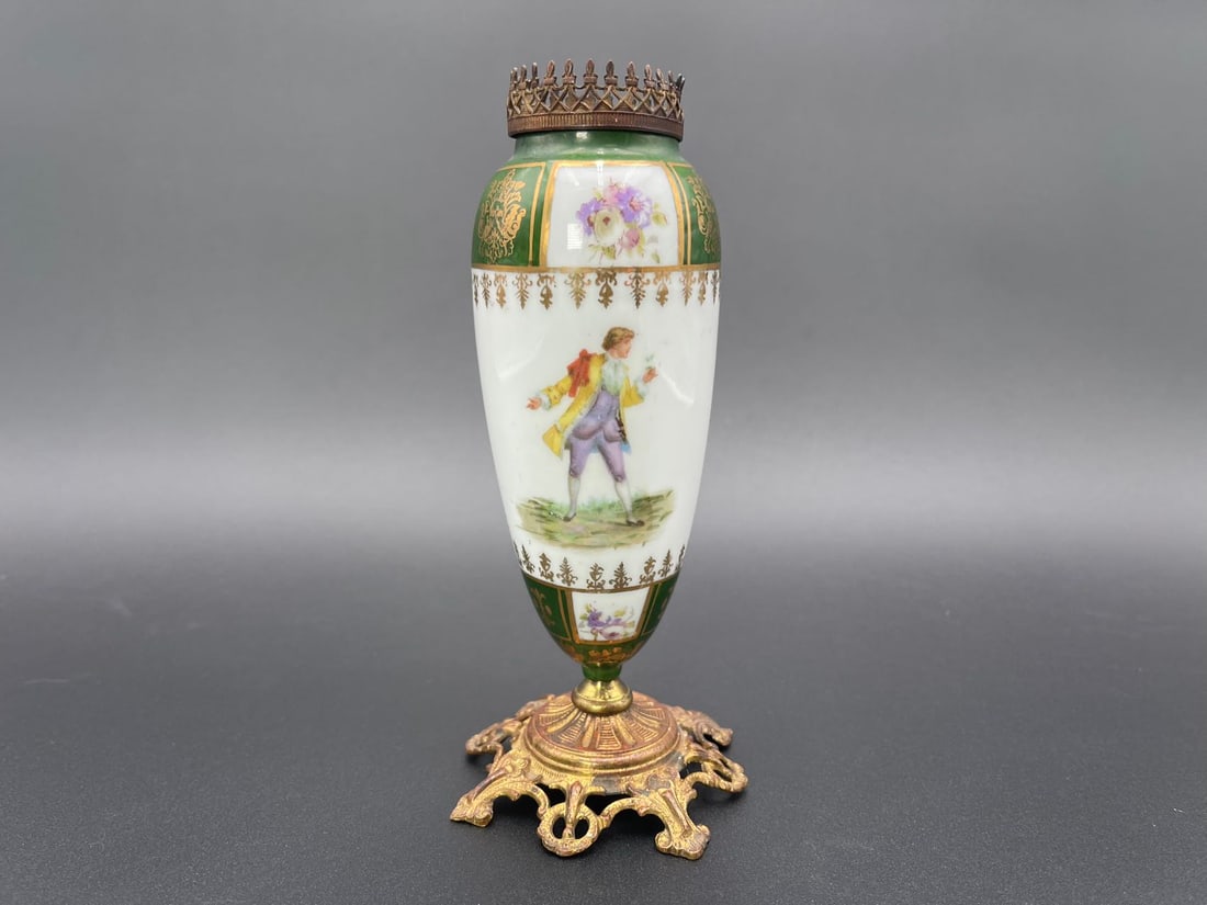 Antique French Hand-Painted Porcelain Egg Holder w/Gilt Bronze Frame: Antique French Hand-Painted Porcelain Egg Holder w/Gilt Bronze Frame. In good antique condition, Total tall 7".