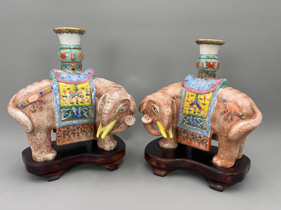 Lot of 2 Vintage Chinese Famille Rose Porcelain Elephant Candle Holder w/Matching Wood Stand (1 of 10)