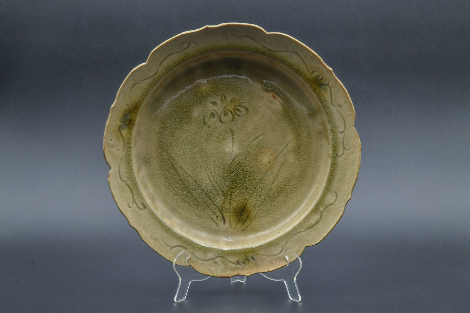 Chinese Olive Glaze/Celadon Crackle Ceramic Dish Plate w/Underlay Floral Pattern (1 of 6)