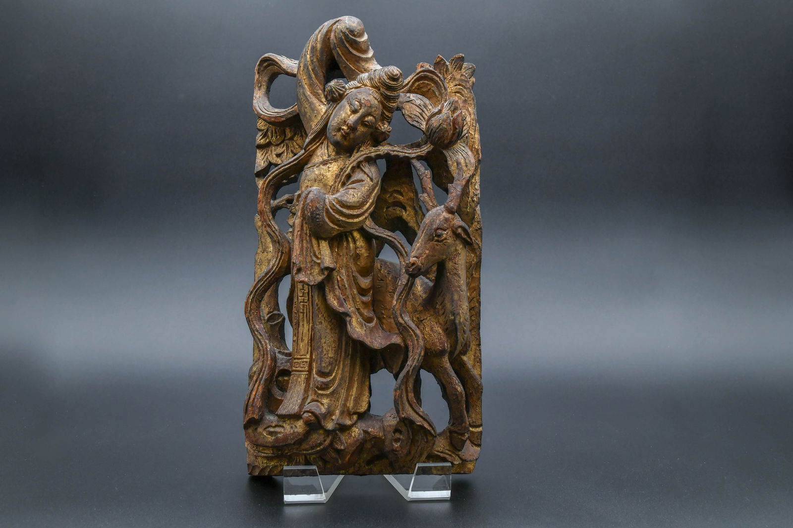 Antique Chinese Hand-Carved & Gilt Wood Kuanyin Sculpture: Antique Chinese Hand-Carved & Gilt Wood Kuanyin Sculpture. Measures approx. 16"H x 8"1/4W x 4"1/2D; In good antique condition, (Stand Not Included)