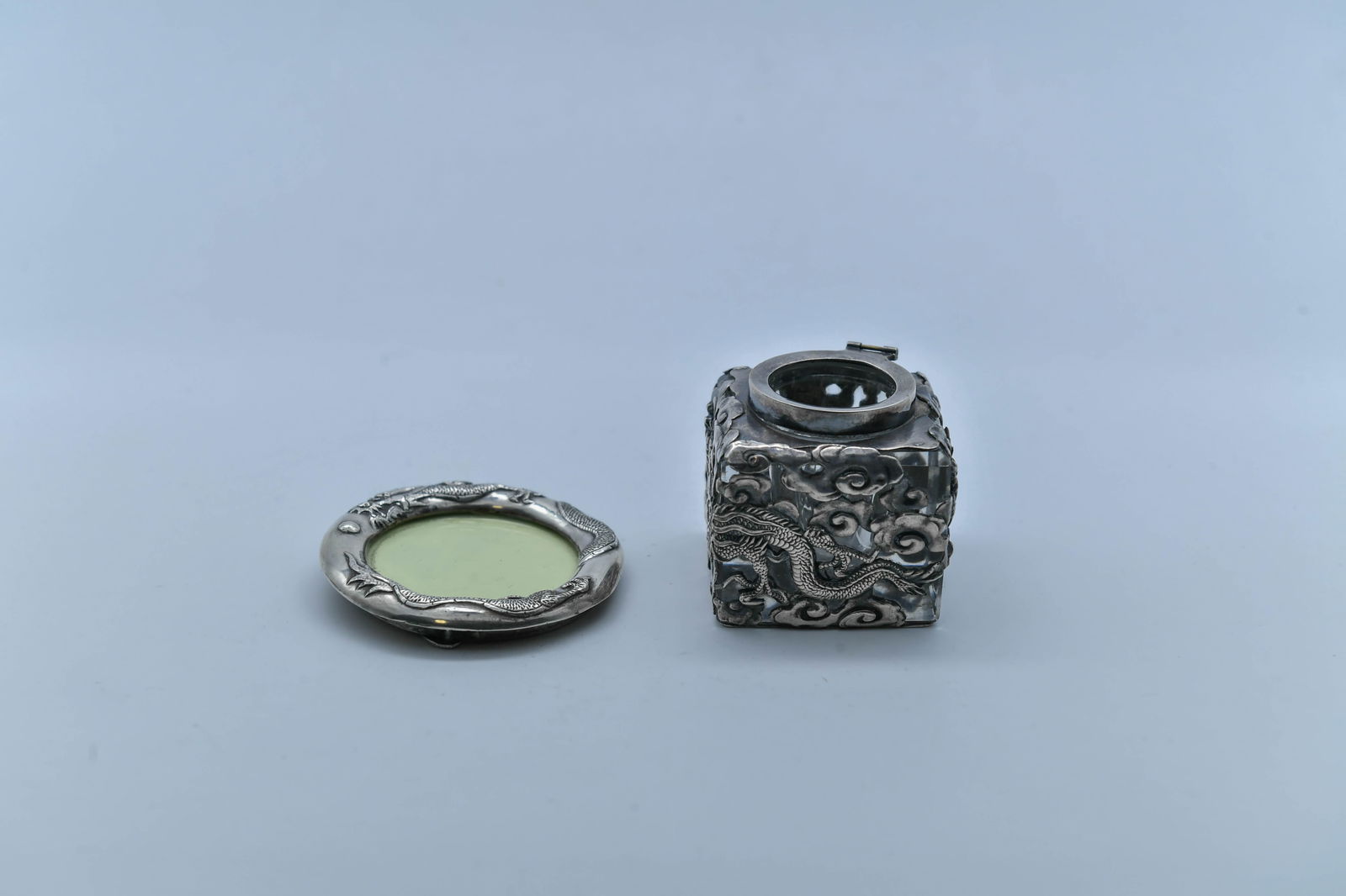 Lot of 2 Vintage Japanese/Chinese High-Relief Dragon Silver Inkwell & Mini Frame (1 of 7)