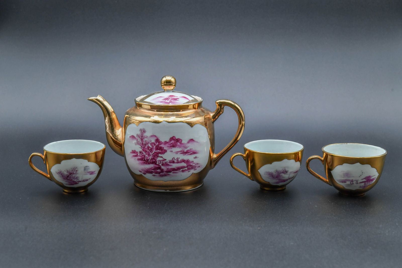 Lot of 4 Vintage Chinese Pink & Gold Gilt Porcelain Teapot & Cups ????????? (1 of 11)