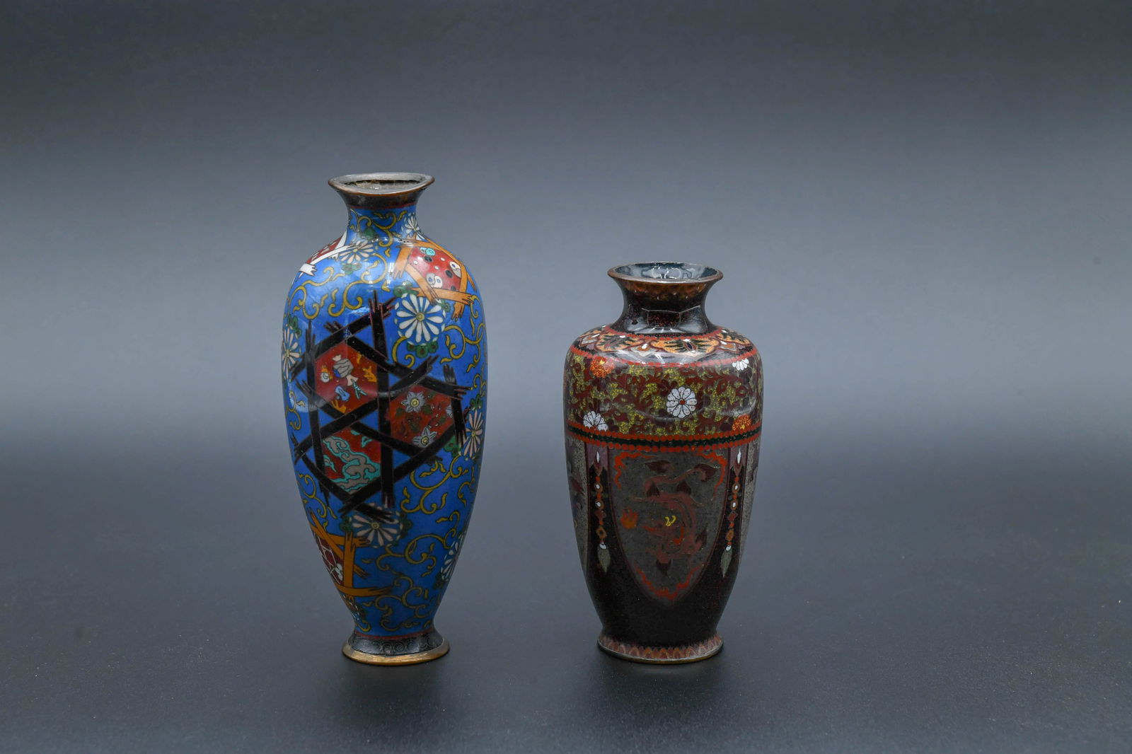 Lot of 2 Antique Japanese Copper Enameled Cloisonne Vase: Lot of 2 Antique Japanese Copper Enameled Cloisonne Vase. 1)Japanese brown & various colors copper enameled cloisonne vase with dragon and flying phoenix motif , Tall 5"3/4; The item is in overall goo