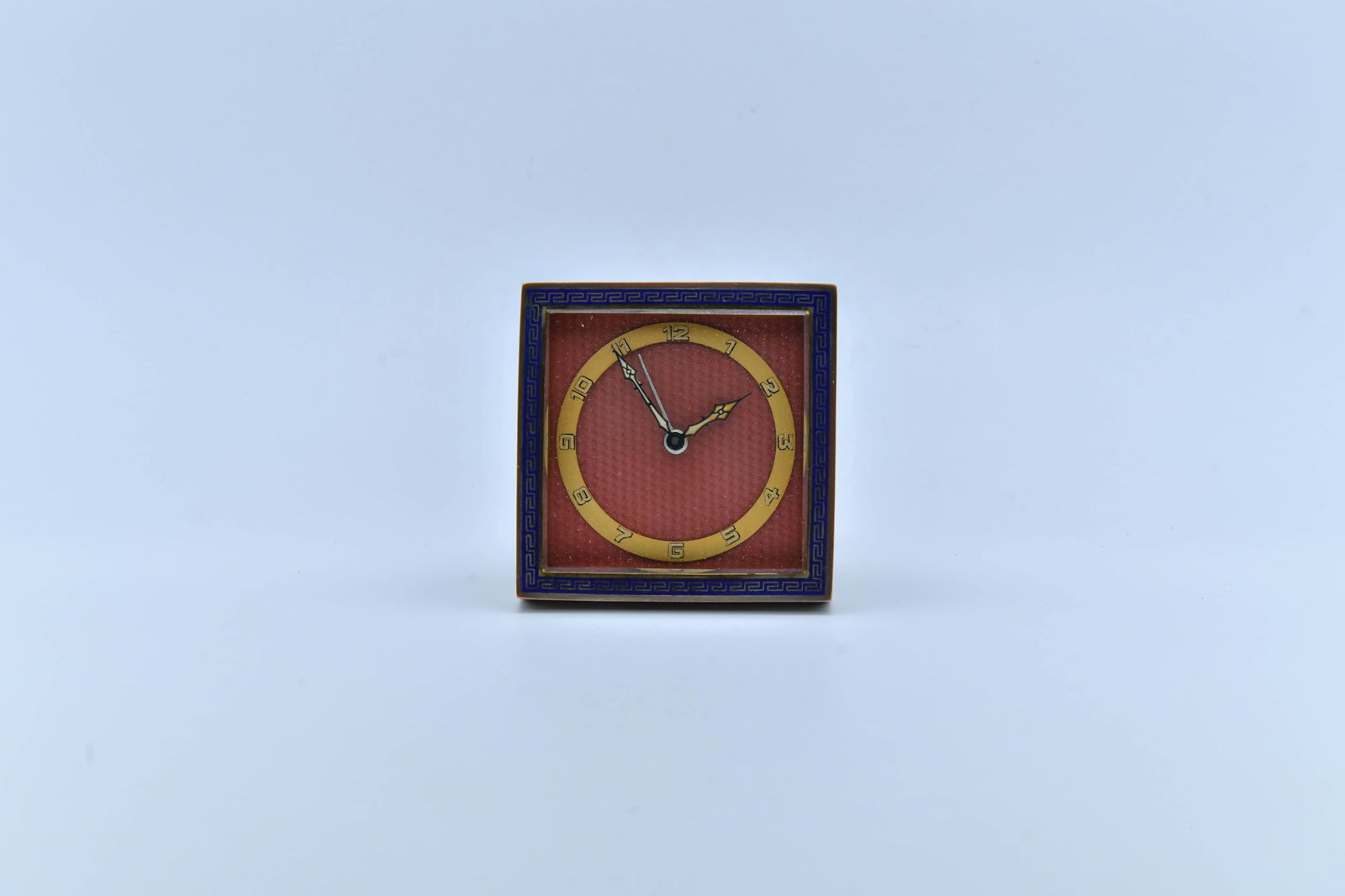 Vintage Art Deco Square Brass Fold-Up Travel Alarm Clock w/Blue Enamel Borders (1 of 6)