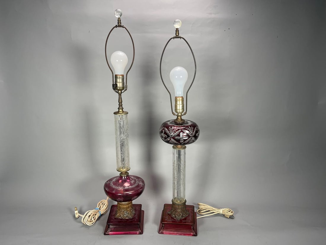 Two Vintage Victorian Style Cranberry Glass & Brass Table Lamps (1 of 9)