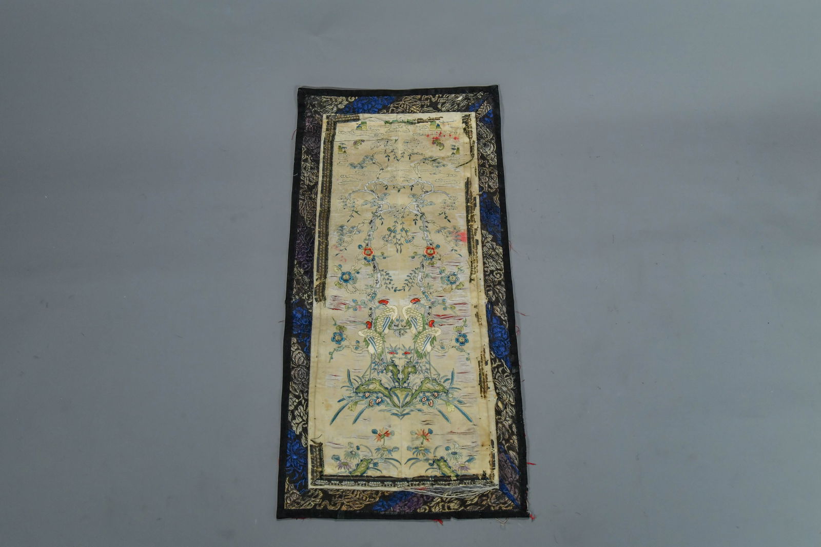 Antique Chinese Silk Embroidered Textile Panel w/Cranes & Pine Trees: Antique Chinese Silk Embroidered Textile Panel w/Cranes & Pine Trees. 10"/2 x 21"1/2; The silk foundation shows natural splitting due to age, a common characteristic of historic textiles. The embroide