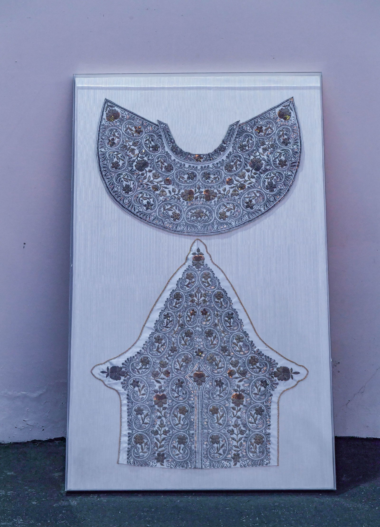 Large Framed Vintage Highly Ornate Gold & Silver Embroidery: Large Framed Vintage Highly Ornate Gold & Silver Embroidery. This appears to be a section of a white ecclesiastical vestment, such as a cope or chasuble. 33"1/2 x 56" x 2"; In perfect condition.