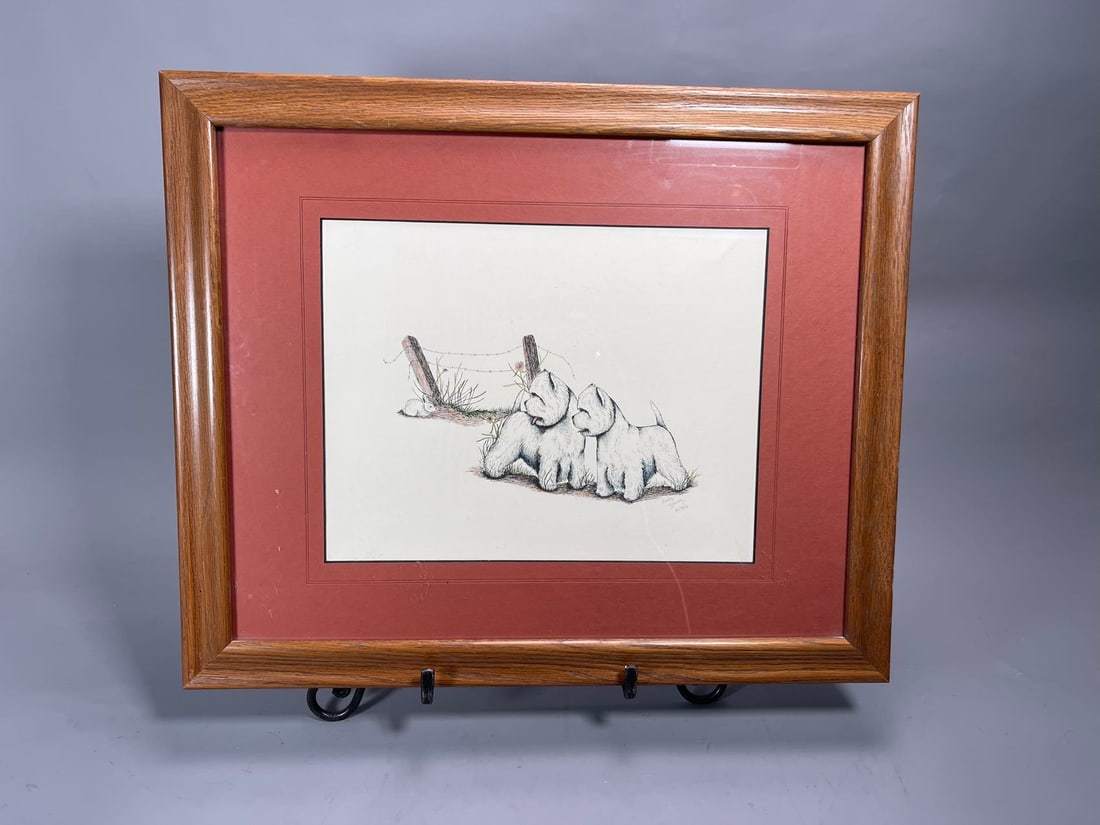 Framed Vintage Art Print of Two West Highland White Terriers, Signed by Judy Young @1986: Framed Vintage Art Print of Two West Highland White Terriers Sitting Near a Fence, Signed by Judy Young @1986. Frame size 22"1/2 x 18"1/2, (Stand Not Included)