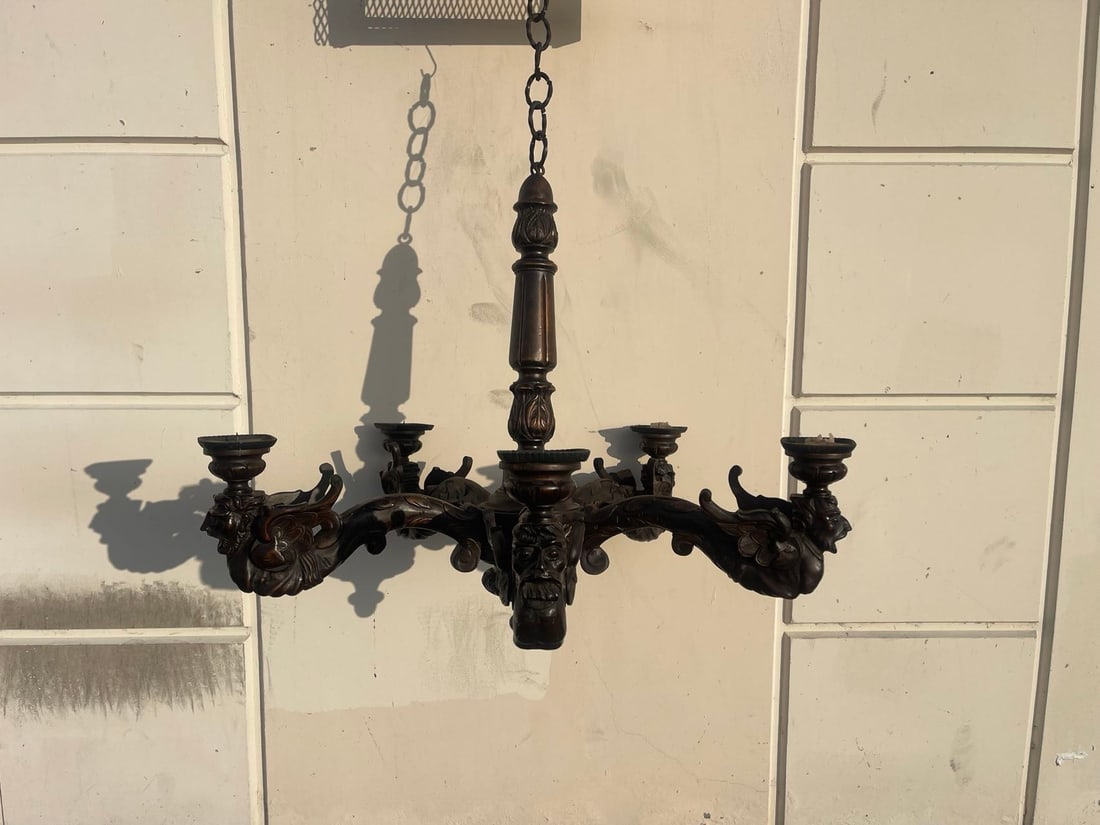 Early 19th Century Antique Hand-Carved Wooden Chandelier w/Figural Elements: Early 19th Century Antique Ornate European Hand-Carved Wooden Chandelier w/Figural Elements. Measures approx. 39"W x 46"H; In good antique condition.