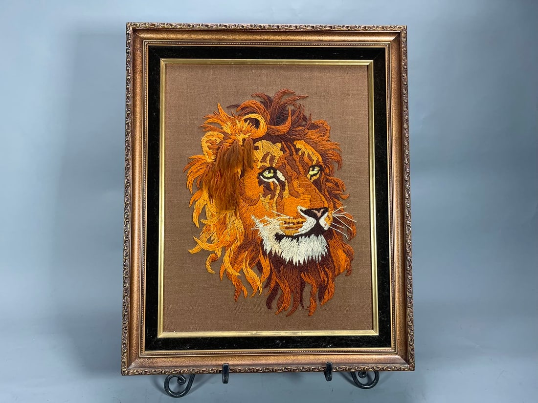 Framed Vintage Embroidery 1970's MCM Lion Portrait (1 of 7)