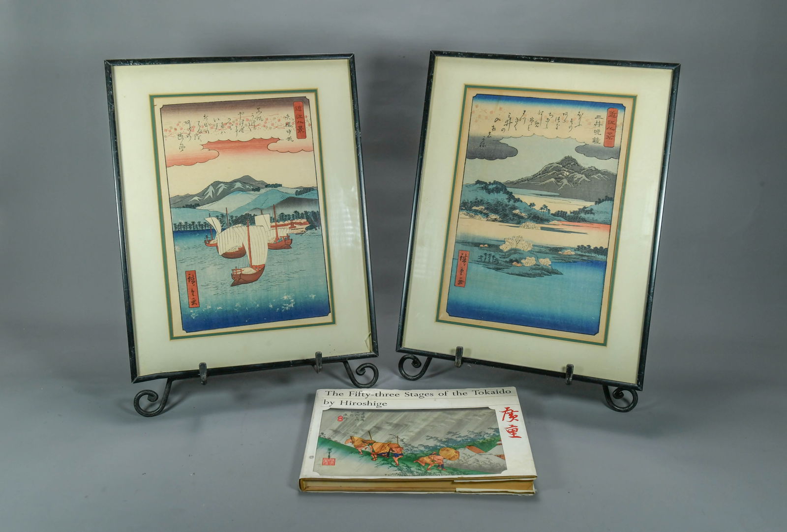 Two Framed Vintage Japanese Color Woodblock Print by Utagawa Hiroshige w/ Artist Book (1 of 11)