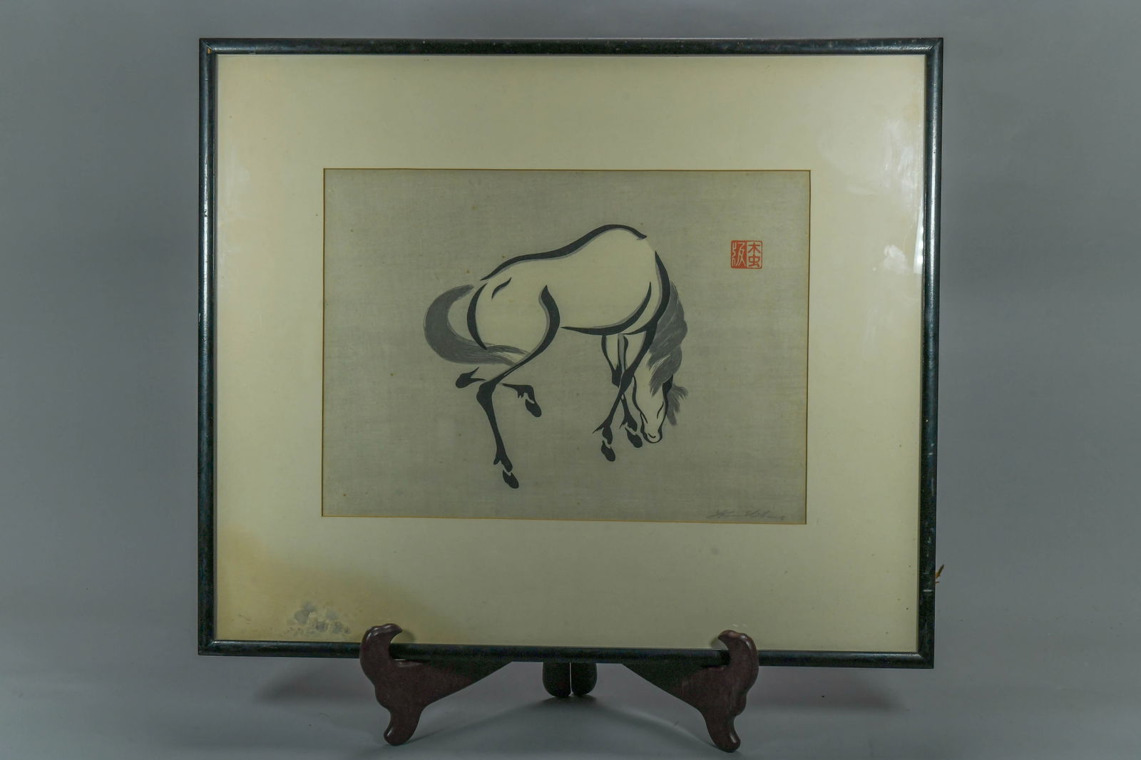 Framed Signed Japanese Woodblock Print "Horse" w/Red Seal: Framed Signed Japanese Woodblock Print "Horse" w/Red Seal. The red seal mark used by Japanese woodblock print artist Mokuchu Urushibara (1888-1953). Urushibara signed his prints in pencil with "Y. Uru