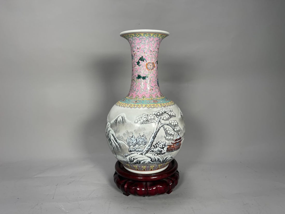 Vintage Chinese Famille Rose Porcelain Vase w/Red Mark ????: Vintage Chinese Famille Rose Porcelain Vase w/Red Mark ????. The beautiful design, Snow-covered mountains, with trees draped in silver. Many details are exquisitely designed. 12"1/2Tall, In good overa
