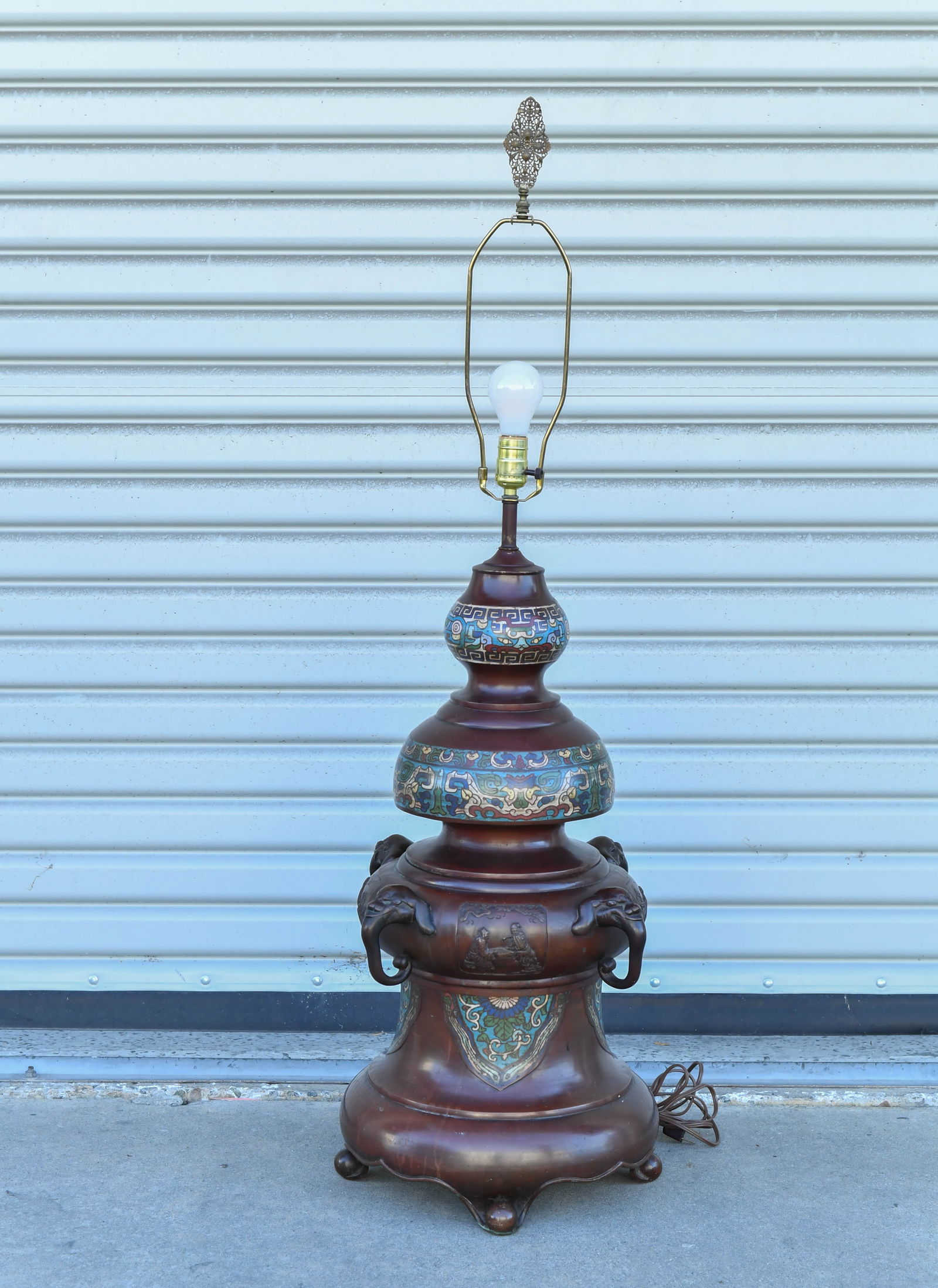 Large Antique Japanese Bronze & Enamel Floor Lamp: Large Antique Japanese Bronze & Enamel Floor Lamp. Tall 46", wide 14"1/2; In good condition