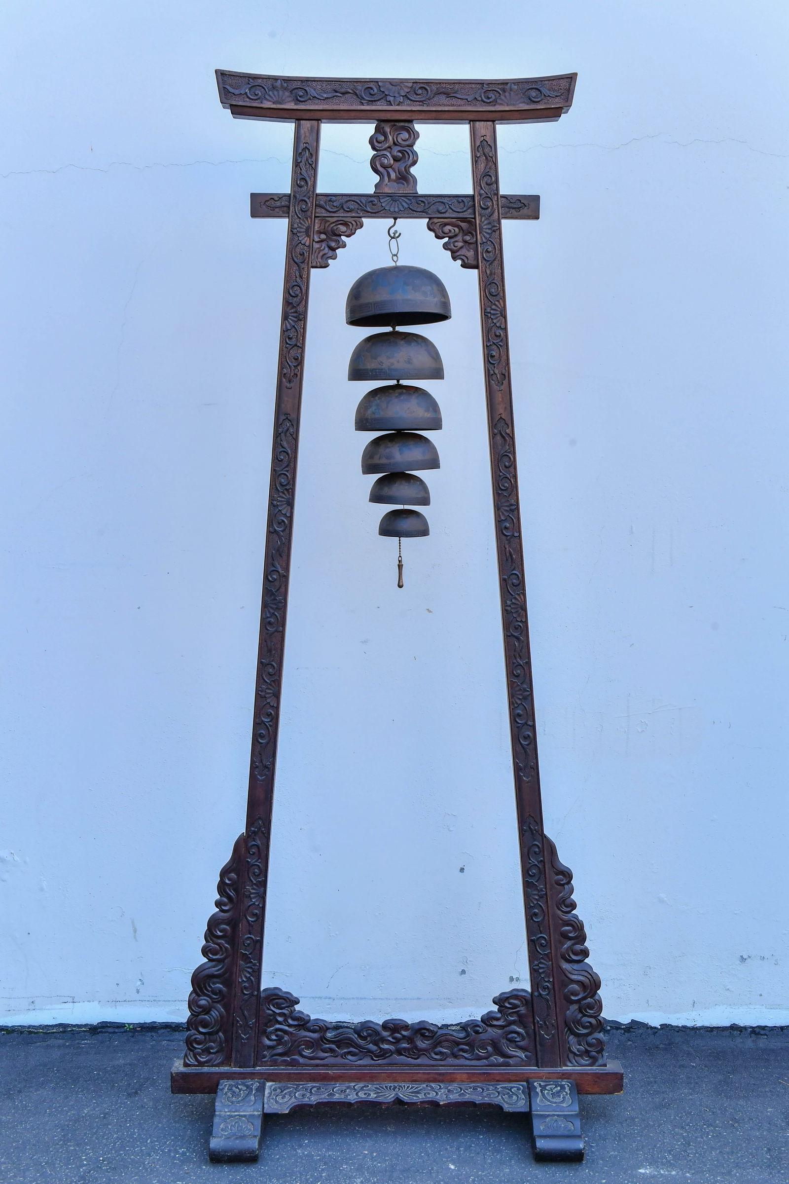 Antique Chinese/Japanese Bronze Temple Bell Set w/Carved Wooden Frame (1 of 6)