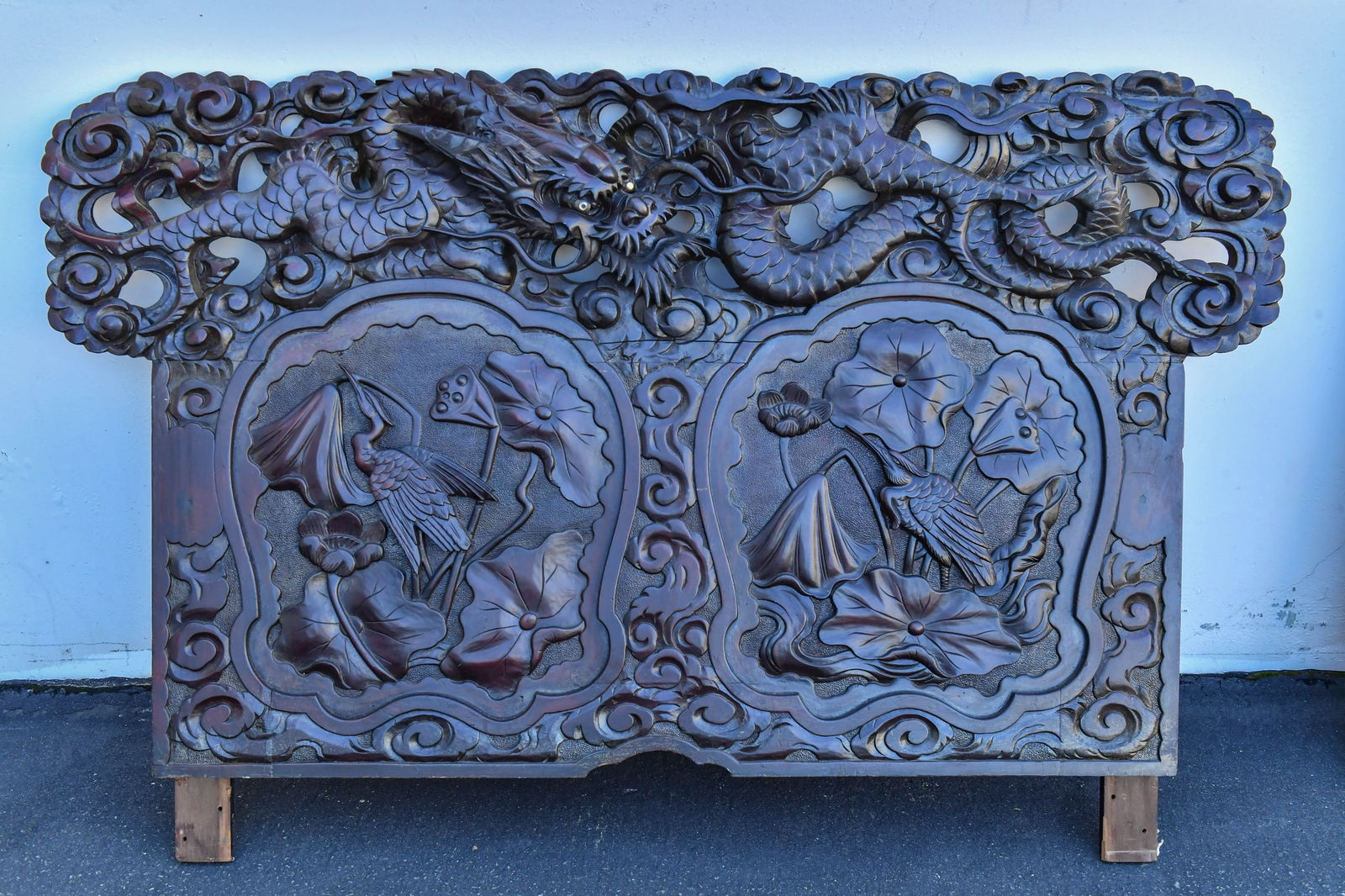 Marvelous Vintage Chinese Export Carved Rosewood Panel w/Dragon, Cranes & Lotus (1 of 6)