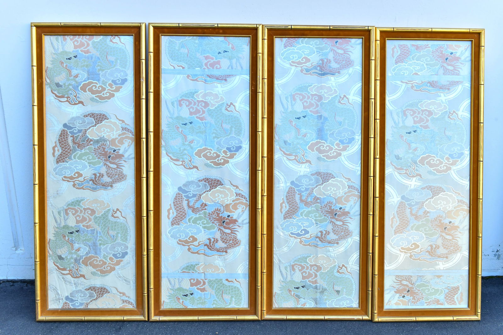 Set of 4 Framed Vintage Japanese/Chinese Silk Brocade Panels w/Dragons (1 of 6)