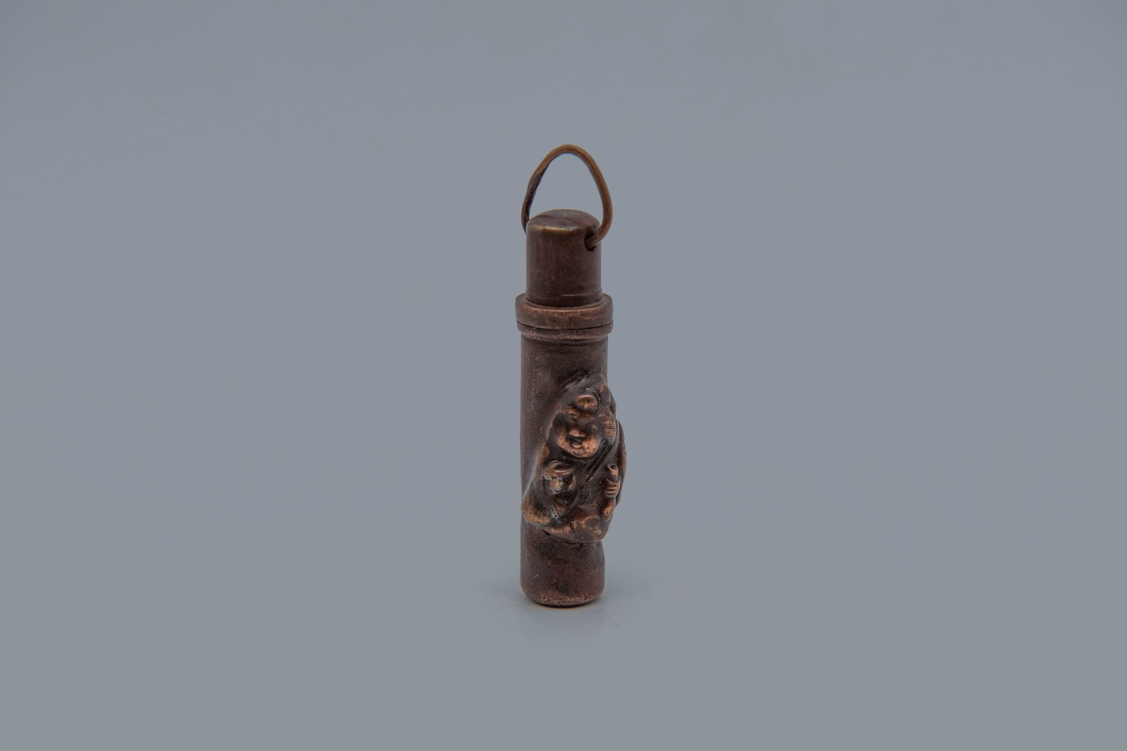 Vintage Asian Copper Cylinder or Snuff Bottle Carved w/A Deity Figure (1 of 7)