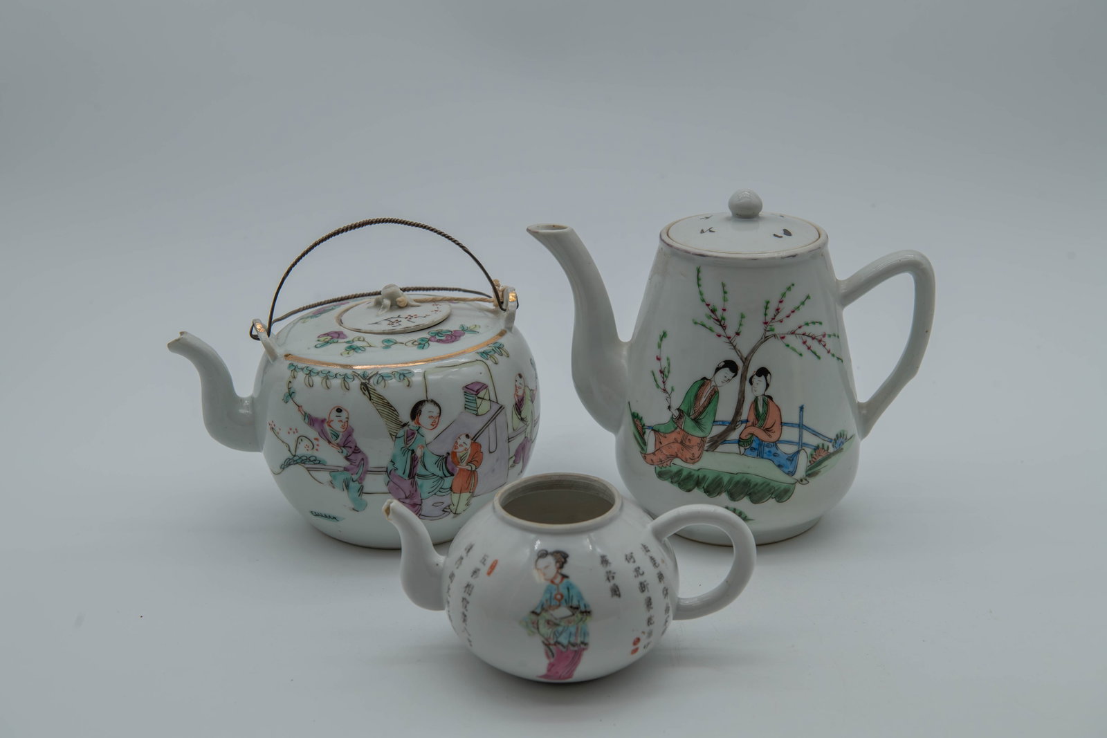 Set of 3 Vintage/Antique Chinese Famille Rose Porcelain Tea Pots w/Hand-Painted Figures (1 of 7)