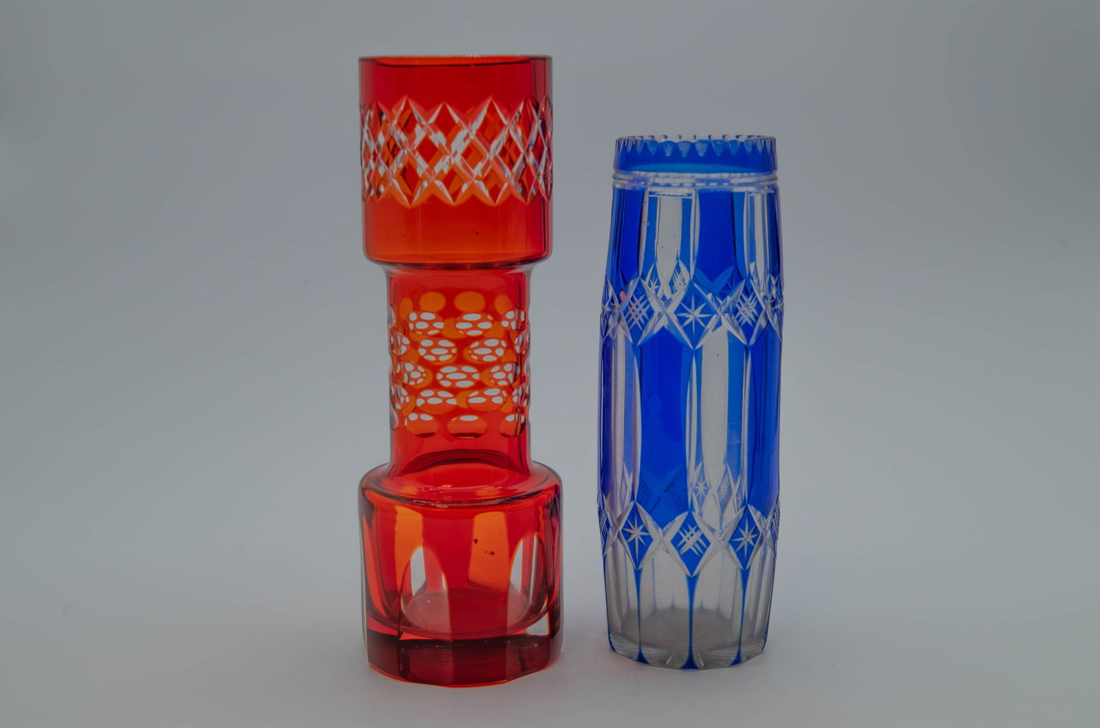 Lot of 2 Vintage Red & Cobalt Blue Clear Cut Crystal Glass Vases w/Diamond-Cut Patterns (1 of 6)