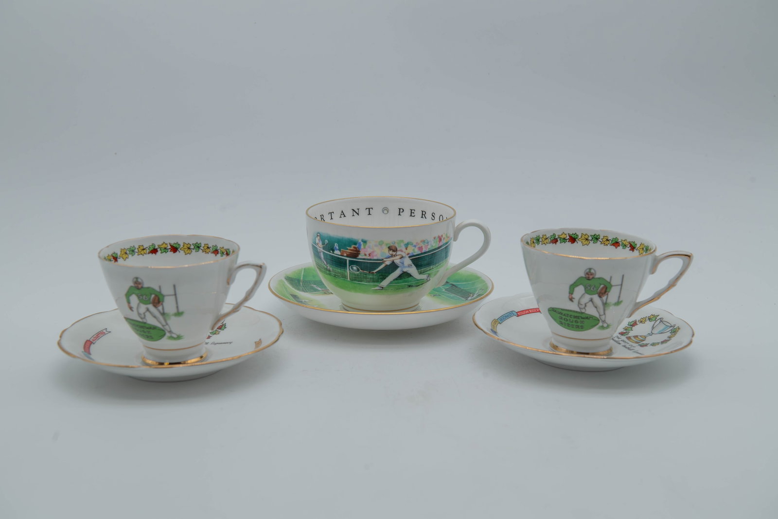 Set of 3 Vintage Saskatchewan Roughriders (CFL) & Royal Worcester (VIP) Porcelain Teacups & Saucers: Set of 3 Vintage Saskatchewan Roughriders (CFL) & Royal Worcester (VIP) Porcelain Teacups & Saucers. 1)Set of 2 Vintage Porcelain Teacup & Saucer, Saskatchewan Roughriders of the Canadian Football Lea