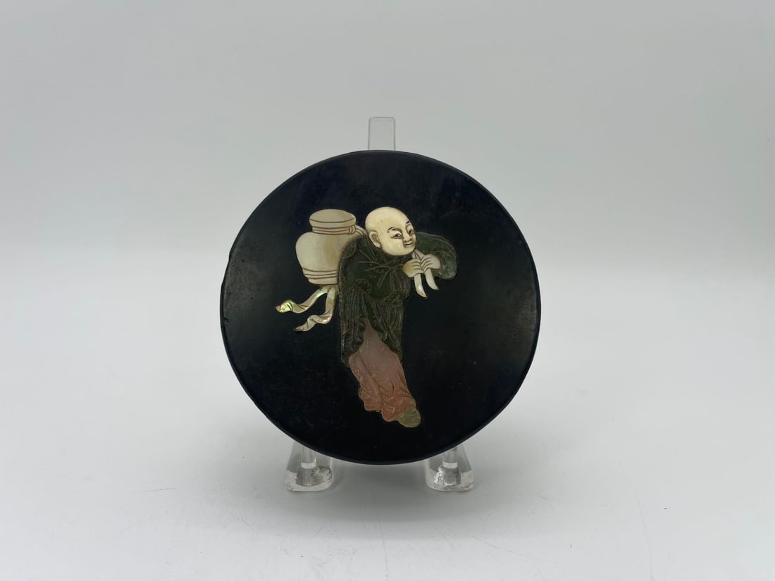 Vintage Japanese Round Black Lacquer Wood Trinket Box Inlay w/Bone, Soapstone & MOP Carved Figure (1 of 6)