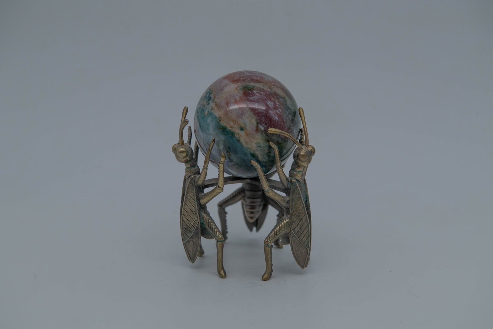 Vintage Three Brass Insect Figures Stand Holding Stone Sphere (1 of 6)