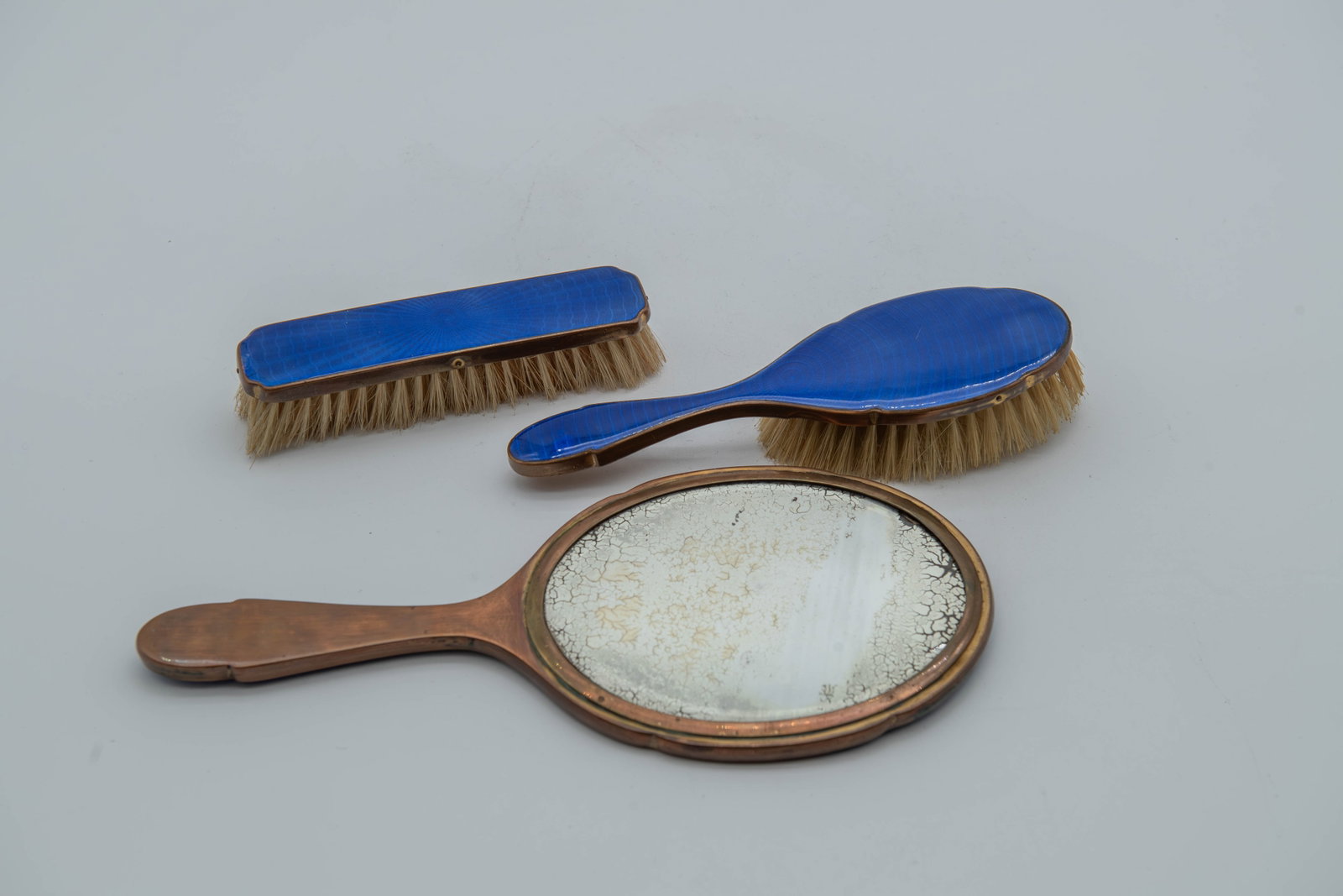 Lot of 3 Vintage Cobalt Blue Guilloche Enamel Handheld Vanity Mirror & Brush w/Brass Trim: Lot of 3 Vintage Cobalt Blue Guilloche Enamel Handheld Vanity Mirror & Brushes w/Brass Trim. 1)Mirror size 11"L x 5"W; 2)Handheld brush size 8"L x 2"1/2; 3)Rectangle brush size 6"L x 1"1/2W; Overall i