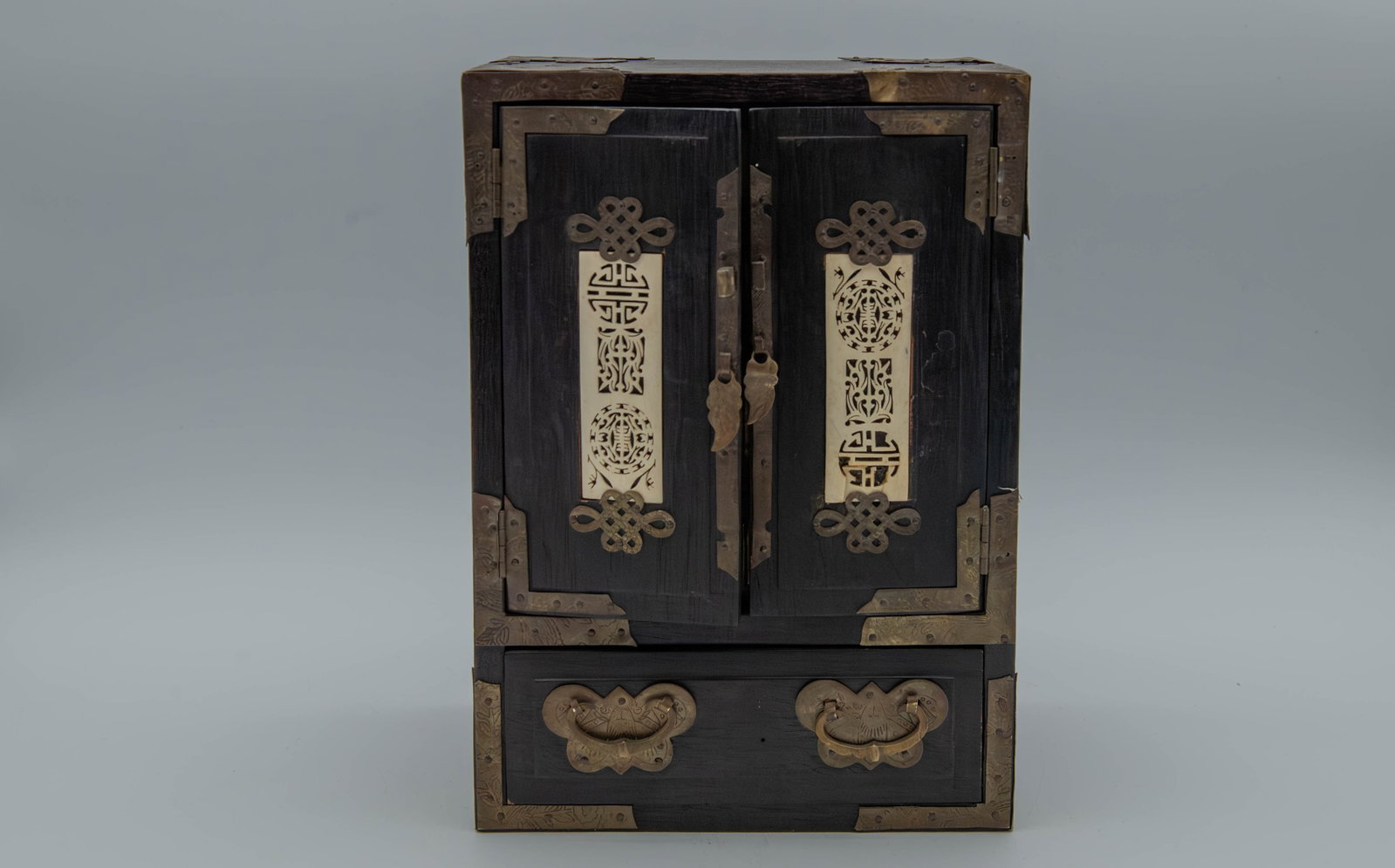 Vintage Chinese Wooden Drawer & Doors Jewelry Box w/Brass & Inlay Bone Carved Decorate (1 of 7)