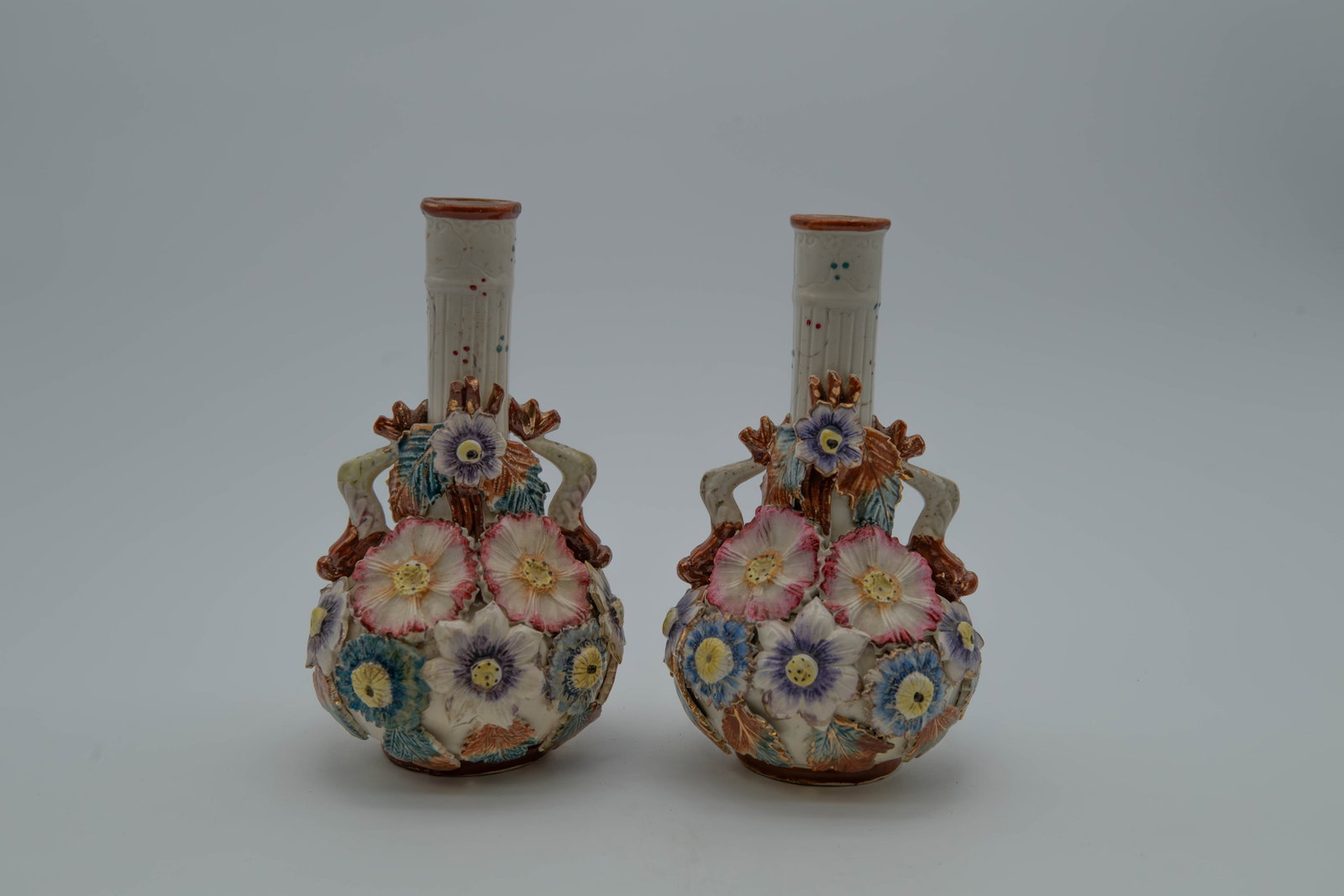 Pair of Antique English Pottery Vases w/Applied Floral Decorations (1 of 7)
