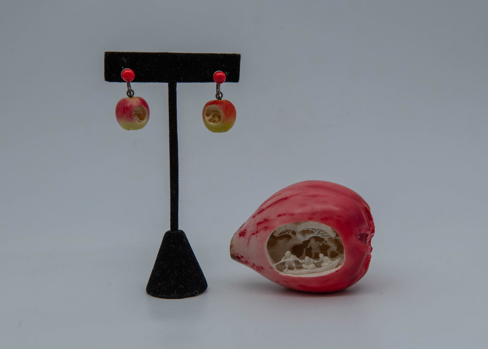 Lot of 3 Fine Vintage Japanese Bone Carved Apple Earrings & Pomegranate (Signed) (1 of 6)