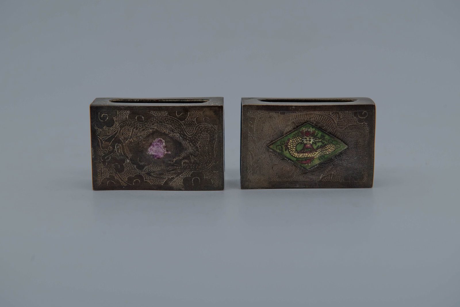 Lot of 2 Vintage "CHINA" Mark Brass Metal Matchboxes Cover w/Engraved Dragon Motifs (1 of 6)