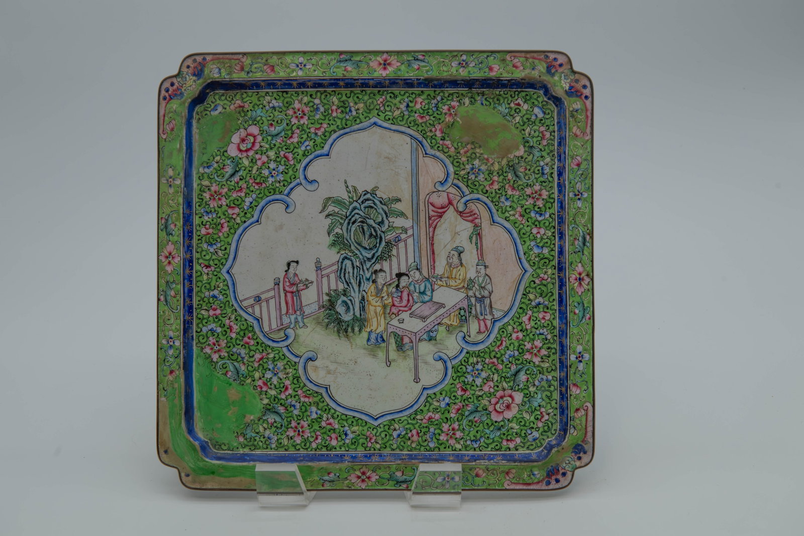 Antique Chinese Hand-Painted Figures Enamel Bronze Large Square Tray (1 of 6)