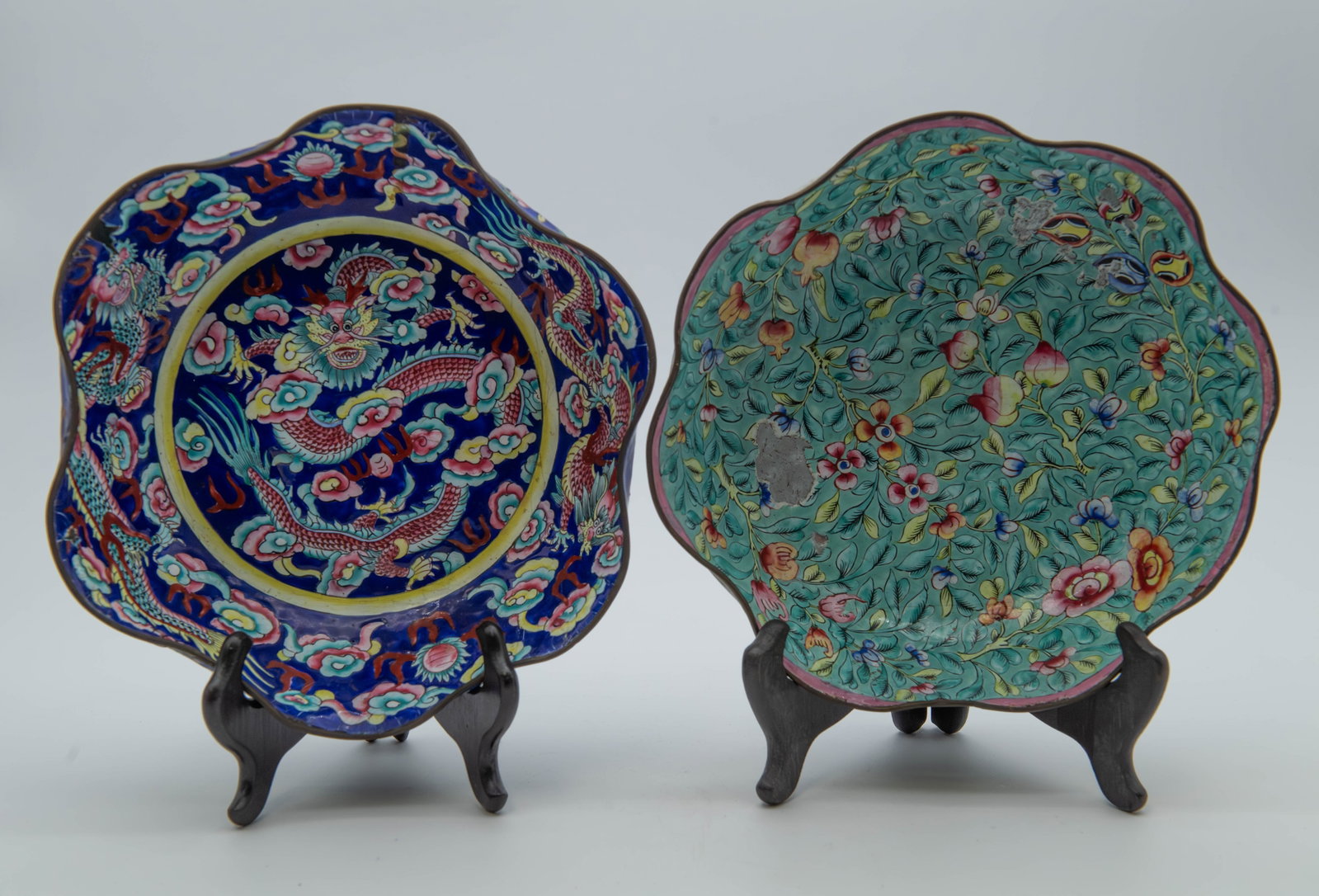 Lot of 2 Antique Chinese Hand-Painted Enamel Bronze Fruit Plate/Tray (1 of 11)