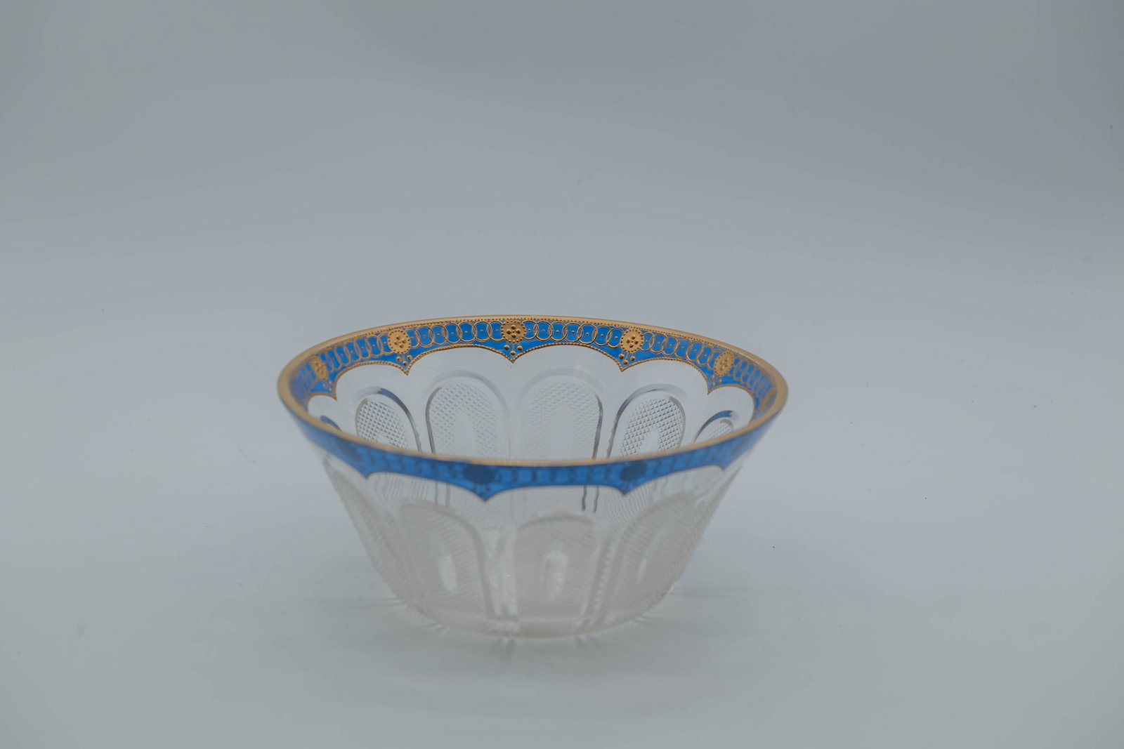 Vintage Bohemian Transparent Glass Bowl w/Blue Enameled & Gilt Trims (1 of 5)
