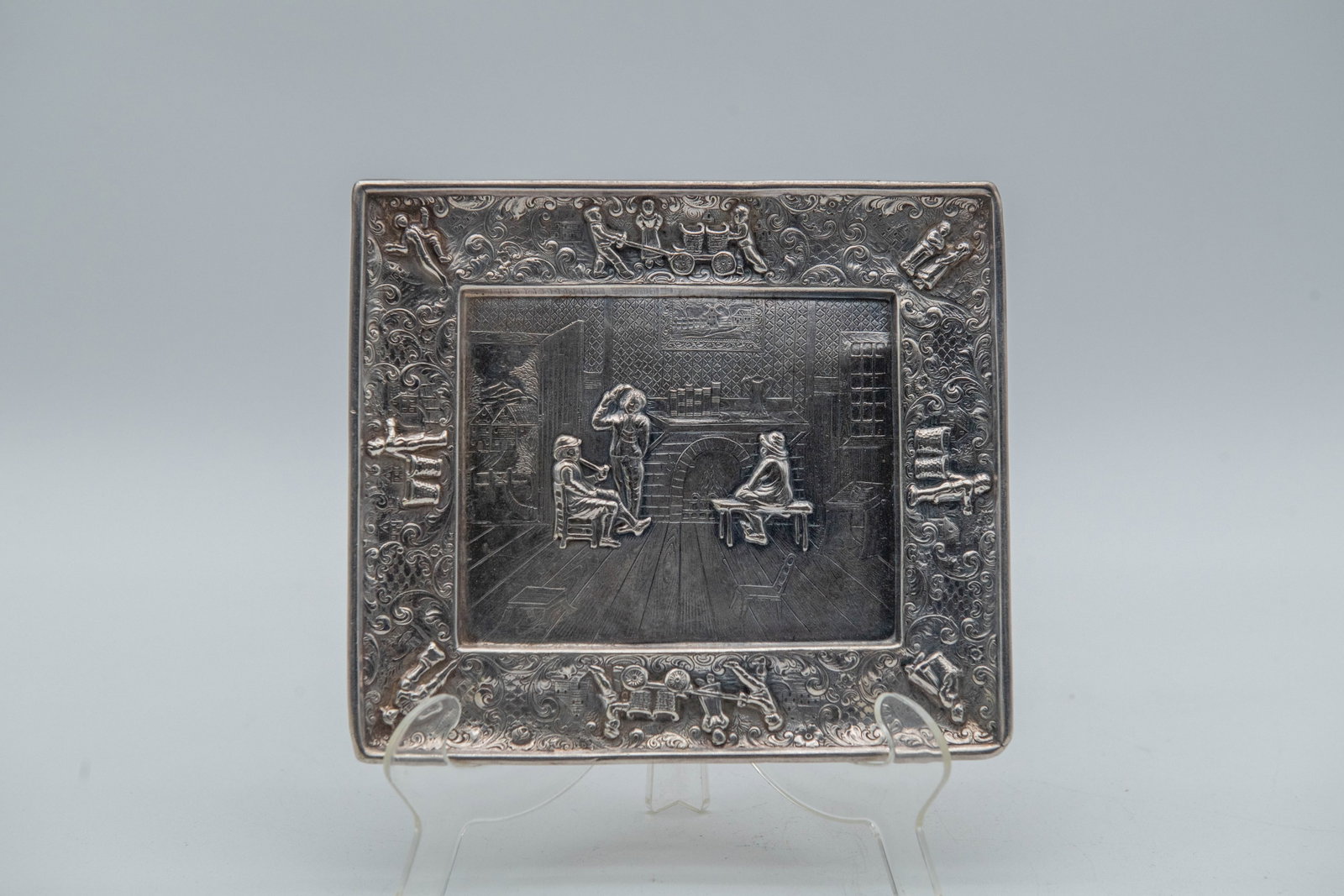 Vintage Antique Silver-Plated Tray w/Detailed & Embossed Tavern Scene: Vintage Antique Silver-Plated Tray w/Detailed & Embossed Tavern Scene. The bottom mark likely produced by the Barbour Silver Company, design number 3277A. Size 6"1/4L x 5"1/2W; Overall in good conditi