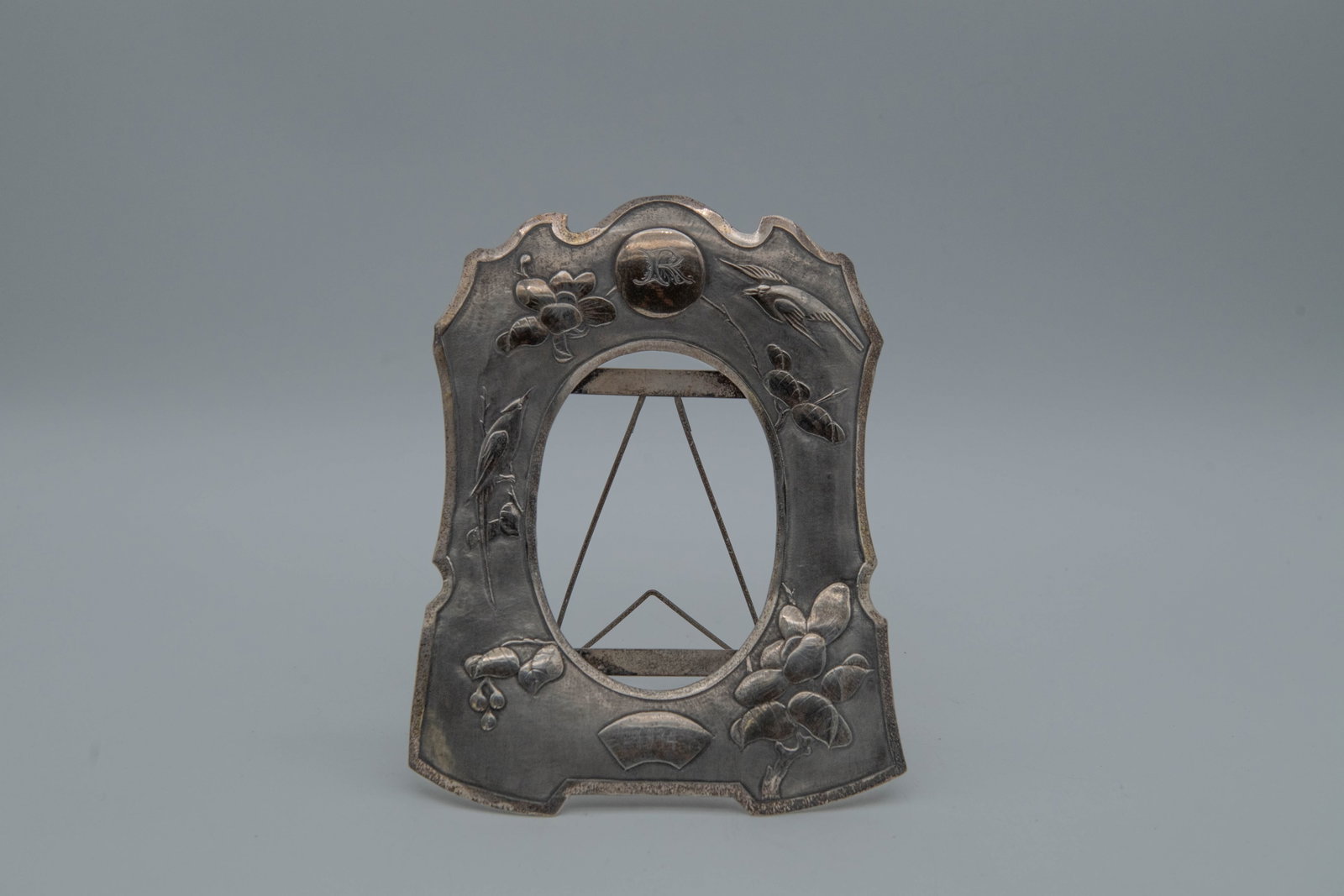 Vintage Art Nouveau Sterling Silver Photo Frame w/Raised Relief Floral, Birds & Date 1934: Vintage Art Nouveau Sterling Silver Photo Frame w/Raised Relief Floral, Birds and Date 1934. 8"1/2H x 6"1/2W; Tested as silver, Total weight 163.3g; Overall in good condition, with minor wear consiste