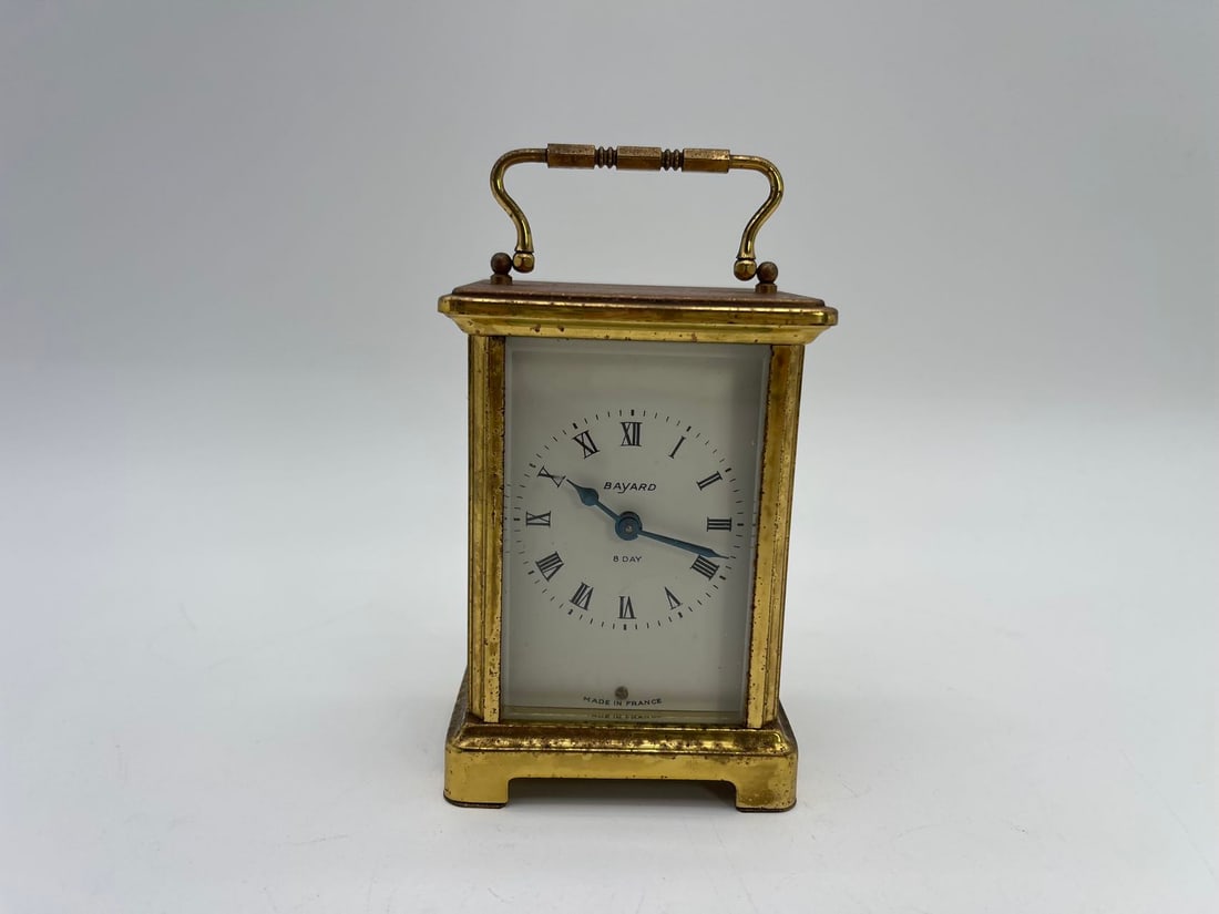 Vintage "Bayard" Duverdrey & Bloquel 8 Day Brass Carriage Clock, Made in France: Vintage "Bayard" Duverdrey & Bloquel 8 Day Brass Carriage Clock, Made in France. Size: 3"L x 4"1/2H x 2"1/2D; The brass case shows natural oxidation consistent with age. Overall condition is good.