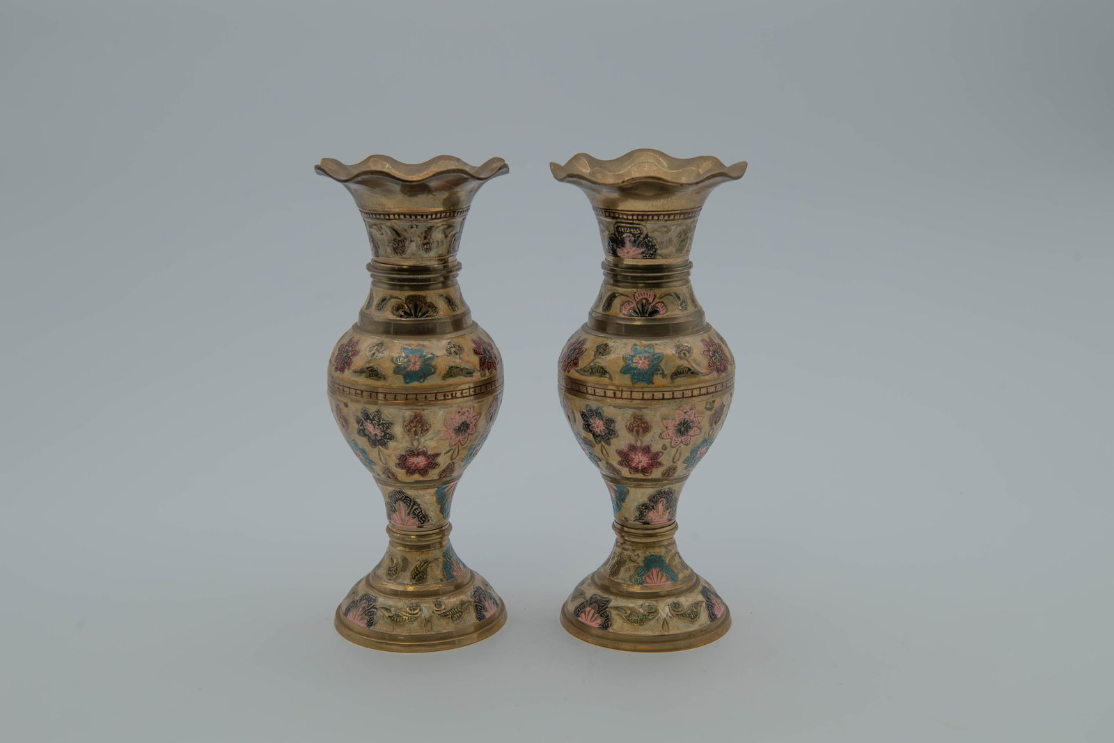 Pair of Vintage Hand-Painted Brass Floral Enamel Ruffled Top Vases: Pair of Vintage Hand-Painted Brass Floral Enamel Ruffled Top Vases. Size: 8"H x 3"1/4W. In good condition