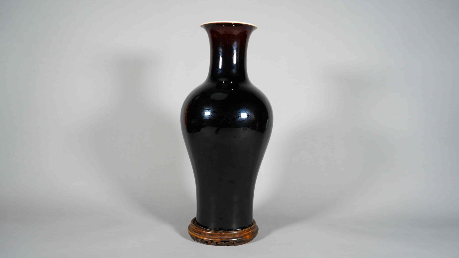 Chinese 18th/19th Century Antique Mirror Black Purple (Eggplant Color) Glazed Porcelain Vase,: Chinese 18th/19th Century Antique Mirror Black Purple (Eggplant Color) Glazed Porcelain Vase Kangxi Mark. Size: 14"1/2H, Top Diameter: 4"1/4, Bottom Diameter: 4"1/2. Overall in good condition, Drilled